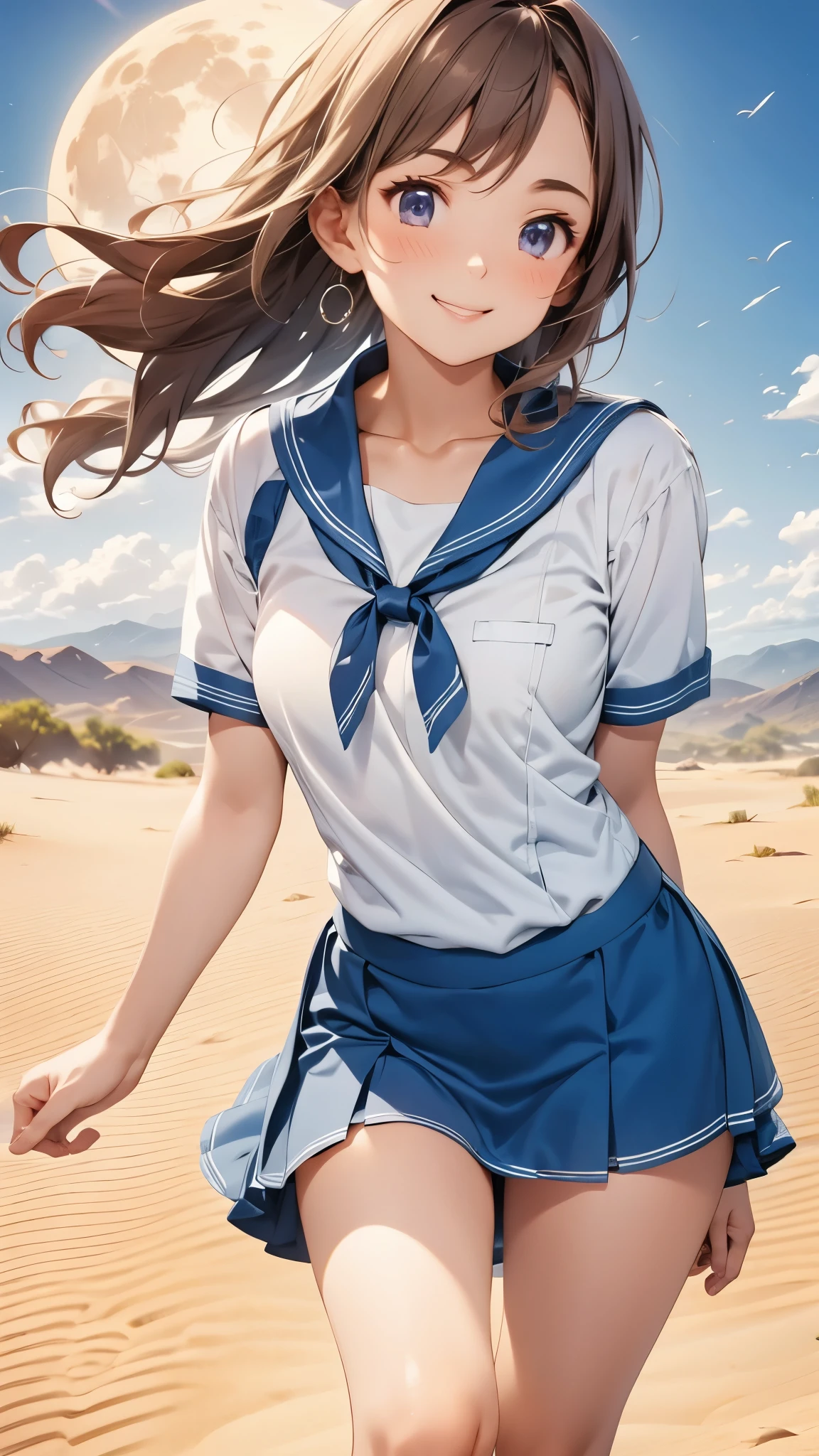  high school girl、  short sleeve uniform standing with legs wide open 、 best smile 、  blue miniskirt flared skirt  、raw feet and black leather shoes 、desert、Full moon and night sky、Peeing