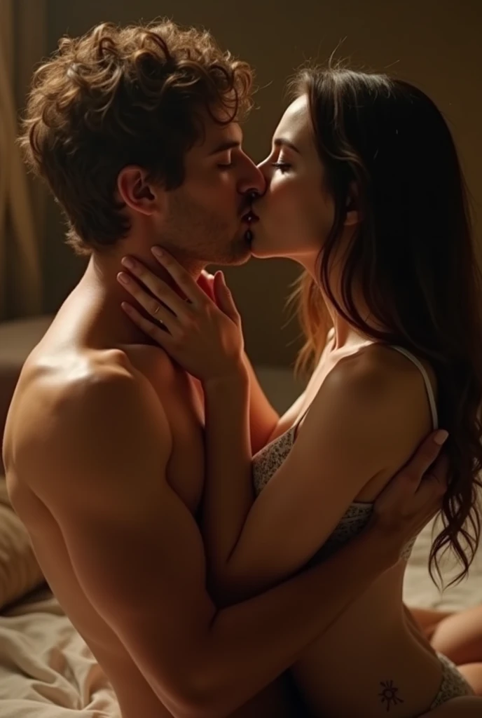 a bedroom scene, 1 man, 1 girl, full body, a Beautiful woman, is naked, crying and screaming, she is undressed by a man. ((laying down in the bed)), 1 man is kissing and hugging a girl, a man's waist is adjoining a girl's waist, medium shot, cinematic, photo-realistic