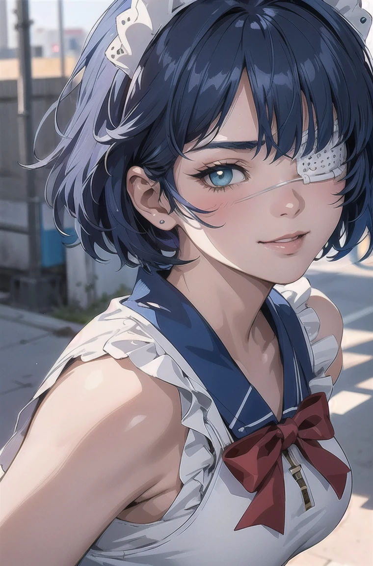 he-he-he®, (Remu Shimei, 1 girl, beautiful detailed eyes, beautiful detailed lips, extremely detailed eyes and face, long eyelashes, blue hair, short hair, (eyepatch: 1,2), blush), 1 girl, mature woman, Beautiful Body, Beautiful nose, Beautiful character design , beautiful eyes, perfect face,expressive eyes, looking at the viewer, official art ,чрезвычайно подробные обои CG Unity 16k, perfect lighting,Colorful, bright_Front_face_Lighting fixtures,shiny skin, (masterpiece:1.0),(best_quality:1.0), сверх High definition ,4K, ultra-detailed , photo, 16K, HDR, High definition , absurdity:1.2, blurred background, hips:1.2, lens glare, (bright_color:1.2), (Beautiful_face:1.5),(narrow_waist), full height, at full height, Exquisite visual effects , High definition , masterpiece, best quality, big breasts, score_9, score_8_up, score_7_up, score_6_up, score_5_up, source_anime, rating_safe, medium breasts, outdoors, temple, 1girl, solo, looking at viewer, (upper body:1.2), (dynamic pose:1.2), ryomou shimei, blue hair, short hair, green eyes, eyepatch, ryomoumaid, maid headdress, belt collar, red bowtie, maid apron, blue dress, blue gloves, white thighhighs, blue boots, smile, fist