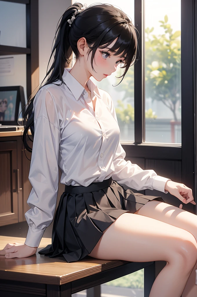 ((masterpiece)), ((best quality)), (ultra-detailed), ((kawaii)), cute, (lovely), ((sexy)), (ero), ((extremely detailed)), 4K, (8K), best quality, (beautiful),
in the classroom, Straddling a chair, lift up one's skirt, M Leg,
1girl, ((beautiful blue eyes)), beautiful black twintail hair, glasses,
darkbrown high school uniform, open-button shirt, pleated skirt, stockings, pumps shoes, ((White panties, cameltoe)),
buttocks, large breast, sweaty, wet body, navel out, thighs out, slim, slender, ribon, ashamed, blush, translucent body, Transparent, shiny-glistening, gleaming,