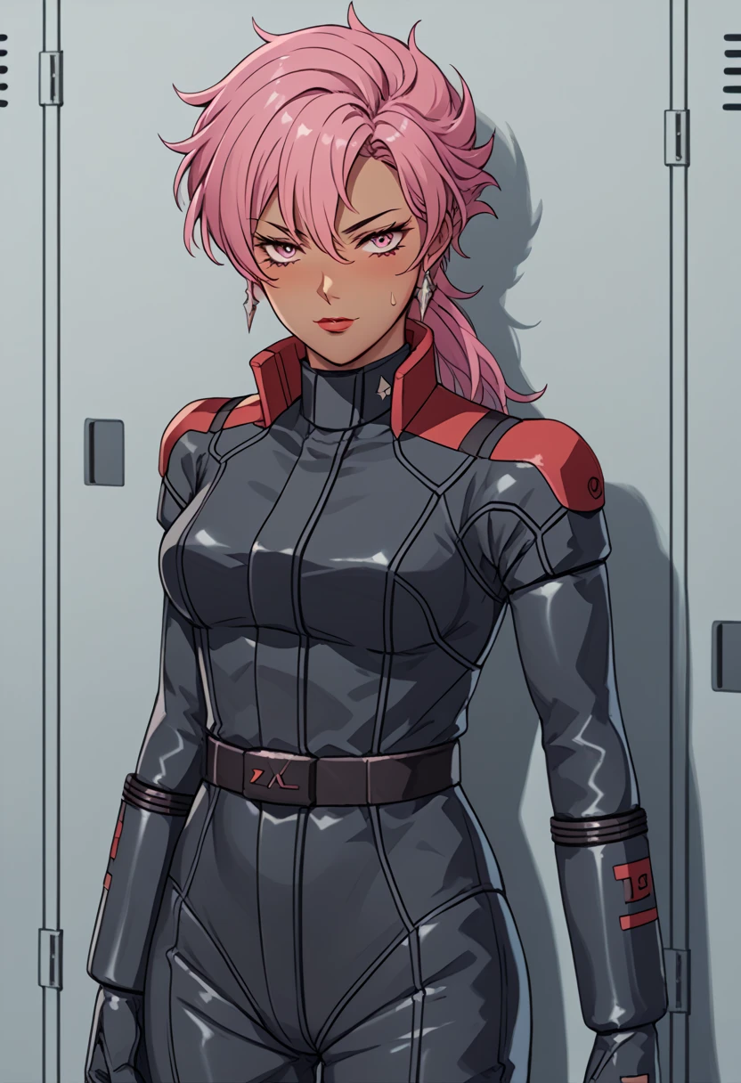 Z Gundam pilot suit, ( black pilot suit for piloting a machine:1.5) 、,score_9、 score_8_ up、 score_7_ up、 Destroys Top Quality 、 Refined details 、  Source Anime  、  One girl 、Dark Skin, pink twin tail hairstyle,  pink eye,  red lips, 、locker room,salute、serious、blush