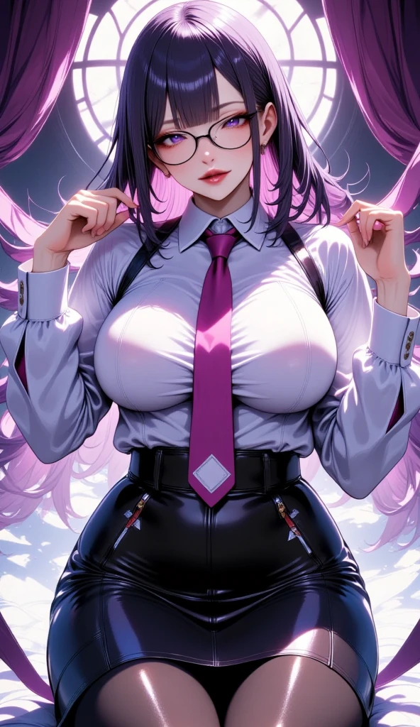 beautiful girl,purple eyes,peephole,light purple hair,ponytail,long hair,wearing square glasses,Tall,Thin,big breasts,Long legs,white skin,teacher,short skirt,tight black skirt,White undershirt,black long sleeve shirt,white gloves,Red tie,thigh tattoo,heart tattoo,(Wet from the rain,Wet clothes,)