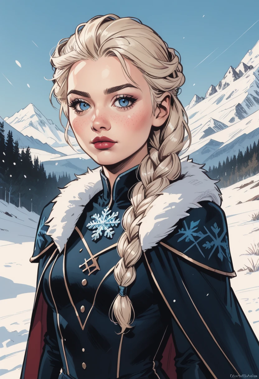 score_9, score_8_up, score_7_up, Western Comics, Portrait, Elsa of Arendelle, cute, seductive, innocent, light smile:0.3, plump lips, slender body, dark cape, dark dress, fur trim, single braid, snowflake pattern, snowy mountain background, depth of field, dynamic angle, fashion photography, sharp, hyperdetailed:1.15