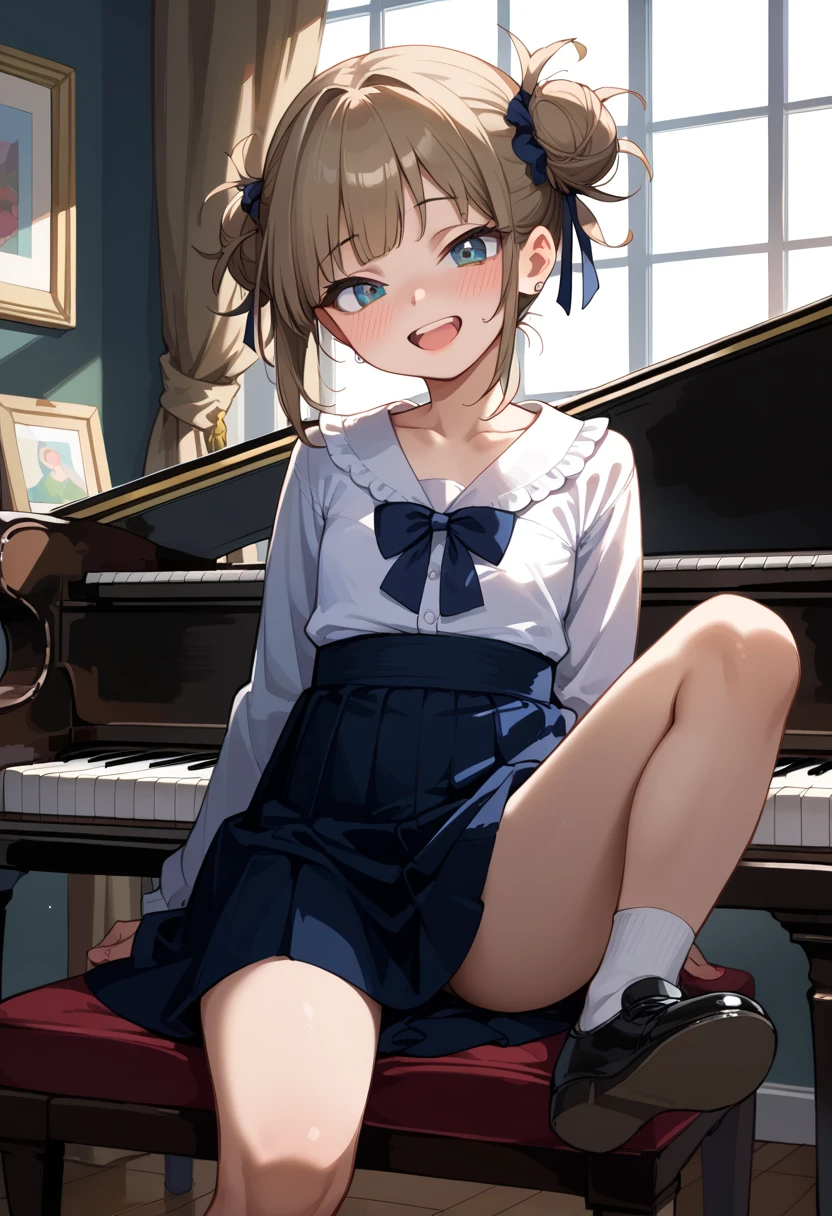 (( top quality )), ((masterpiece)), (be familiar with),  perfect face, indoor, bedroom,  watching viewers ,
One woman, I was,
 open mouth,  ecstatic expression beside the piano, blush, smile,
 small tits,  flat chest, Young girl, Lori,  s,  girl,
 long hair,  twin bun hair ,
Leg spread,