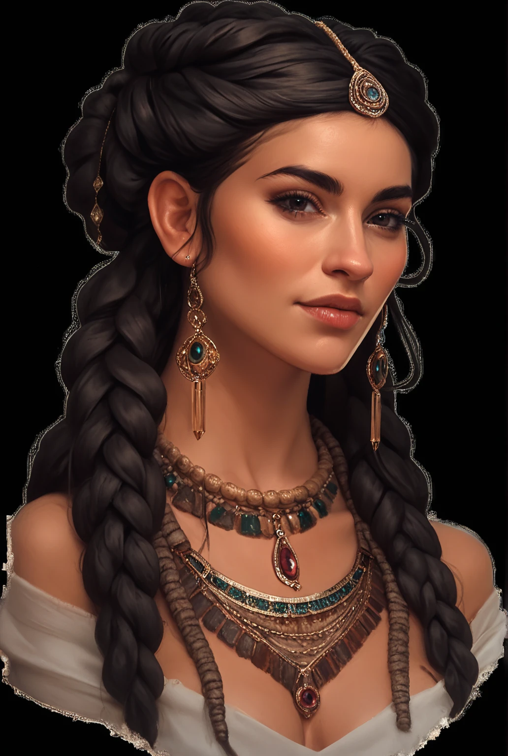 realistic black-eyed braided Mapuche woman with jewels,  Realistic woman  