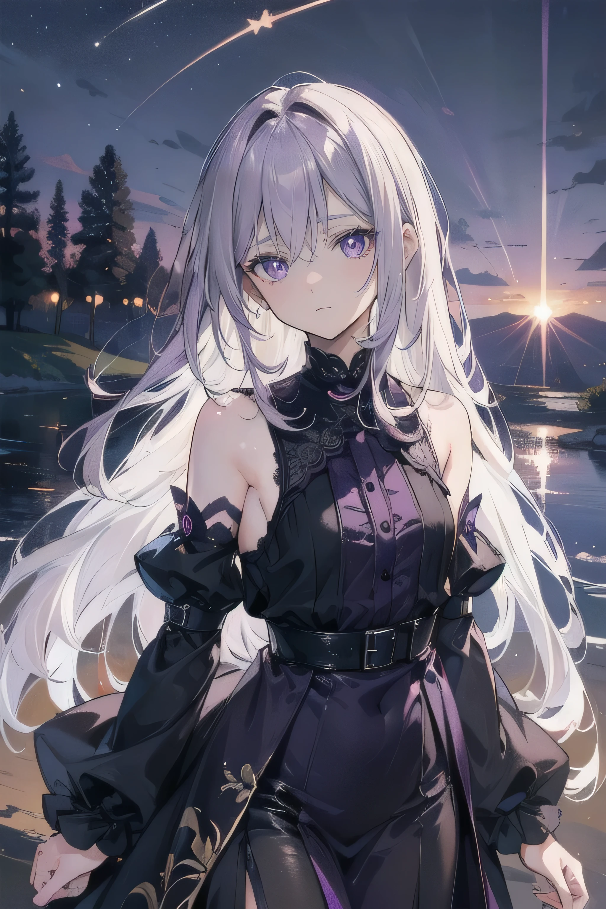 (best quality, highres, masterpiece : 1.4), (flatten art : 0.8), masterpiece, (best quality), 1woman, anime, beige long hair, fair skin, faint red eyes, black and purple headress, medium sized breast, calm smile, (detailed face), black and purple dress, grabbing a black schyte, lake, close-up, alluring, dynamic angle, eyes to the viewer
