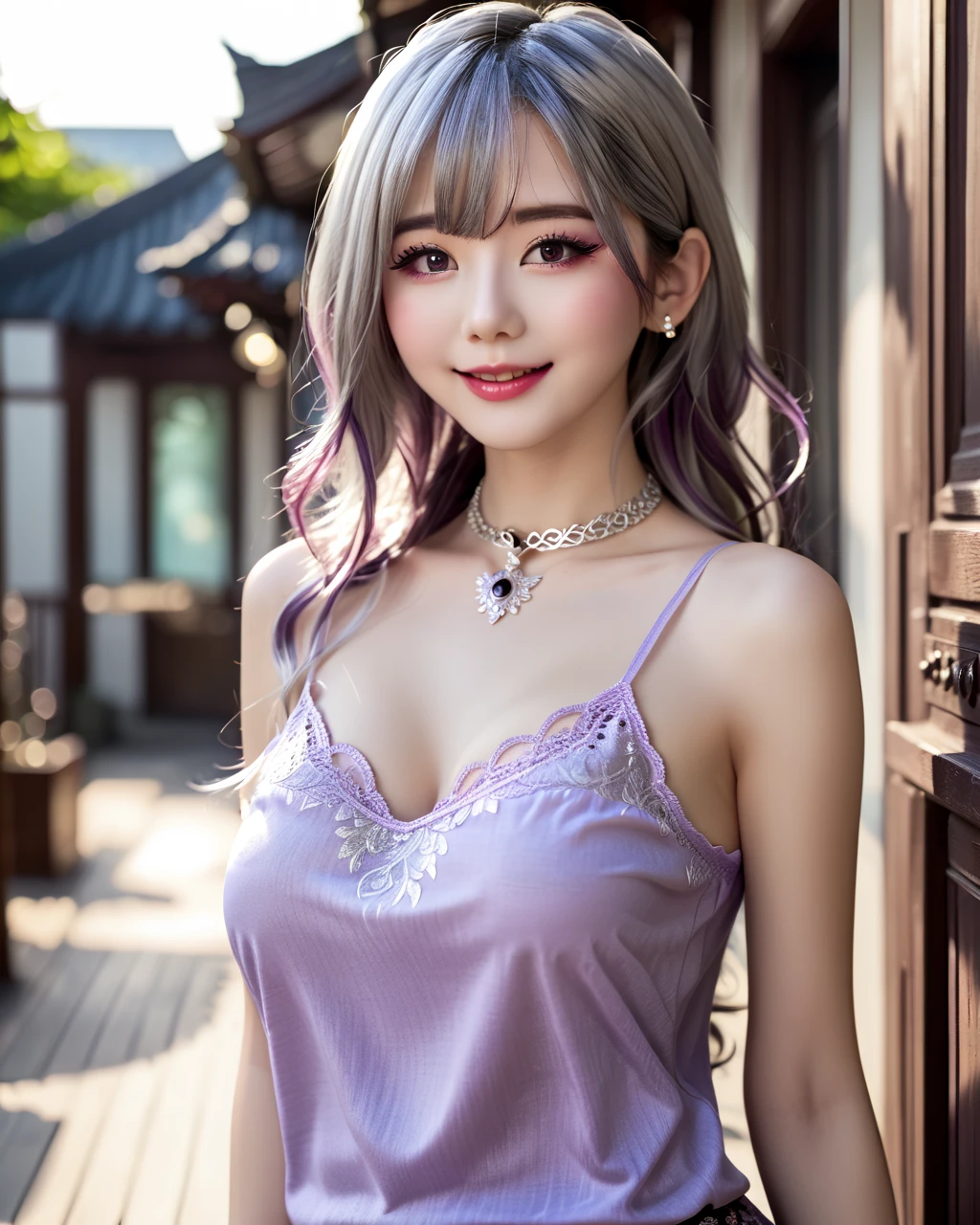 ( thin eyebrows)、((Super Strong Sunlight ))、((((Beautiful silver hair))))、((Small Head))、(Beautiful silver hair with short wavy:1.2)、 full body shot 、(((8k,  Original photo)))、 (((Her face is cosplayer Enako )))、( Extremely Delicate and Beautiful )、(​masterpiece)、( top quality :1.0)、(超A high definition :1.0)、Realistic shadows、[ high definition ]、  detailed skin、 ultra-detailed 、( beautiful hair)、 photorealistic 、 vibrant face 、  design tank top  {x} Big Breasts Thin Waist 、Realistic eyes、 small eyes 、(((Between the breasts)))、( eyeliner )、( mascara)、 Pink lips、(( Very Happy Smile ))、Show your shoulders、 Intricate Patterns and Clear Material 、  artistic depiction of an enchanting woman  , Accentuate your attractive silhouette。The scene is、Basking in the hot sun、 makes you feel the delicate beauty and charm of nature。((( Intricate Details))、Advanced Details、 choker 、nsfw,(( top quality 、8k、​masterpiece:1.3))、 (((light purple long heavy doll camisole)))、(( with lots of piercings ))