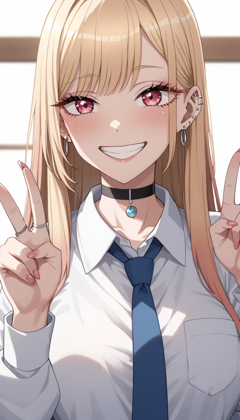 score_9, score_8_up, score_7_up, score_6_up, source_anime, rating_explicit, masterpiece, best quality, intricate details, 1girl, solo, marin kitagawa, sono bisque doll wa koi wo suru, blonde hair, red eyes, ear piercing, barbell piercing, black choker, collared shirt, white shirt, earrings, blue necktie, grin, v, beautiful eyes, looking at viewer, smile, close mouth, double V gesture, upper body 