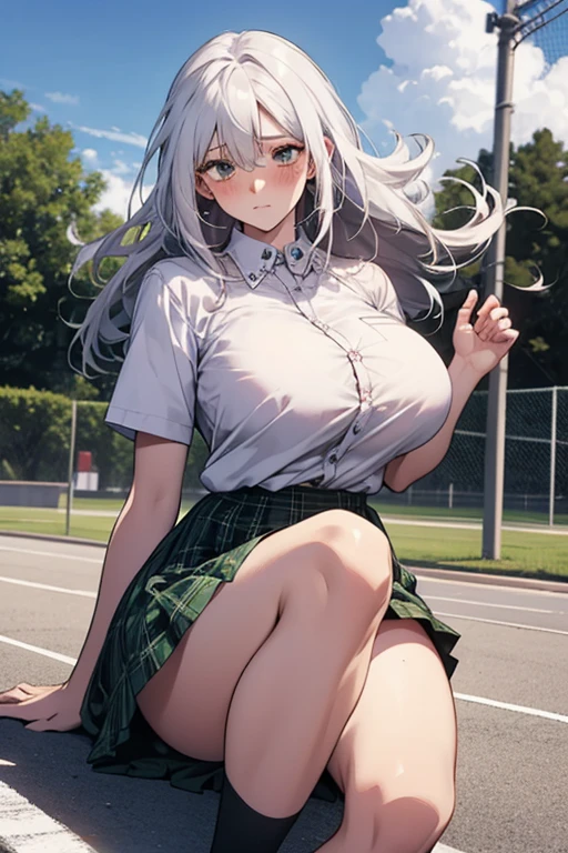  long white hair beauty， white shirt，green plaid skirt ，JK uniform，  white over-the-knee stockings， on the school playground ，Big breasts，Cover the dress blown by the wind with your hands， WHITE PANTIES， blush，shy