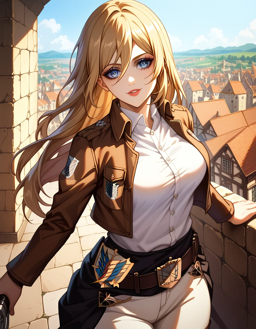 A young girl, solo, happy look, dark atmosphere, thriller, Navia from Genshin Impact, Krista Lenz (Historia Reiss), eyeshadow, She wears a short light brown leather jacket with Survey Corps badge on the front left pocket, dark brown belts around the waist, covering the hips, white trousers, fasteners for UPM, dark brown leather knee-high boots. white shirt, belt, emblem, boots, dual wielding, training corps (emblem), ( beautiful eyes:1.1), (perfect face, detailed face, detailed eyes, perfect eyes, perfect hands, perfect fingers, large breast, upper body), perfect hands, detailed clothing, black shoes, long legs full body, outdoors, she's stands on the roof of a medieval building, medieval city on the background, (looking at the viewer), Attack on Titan Season 4 uniform,