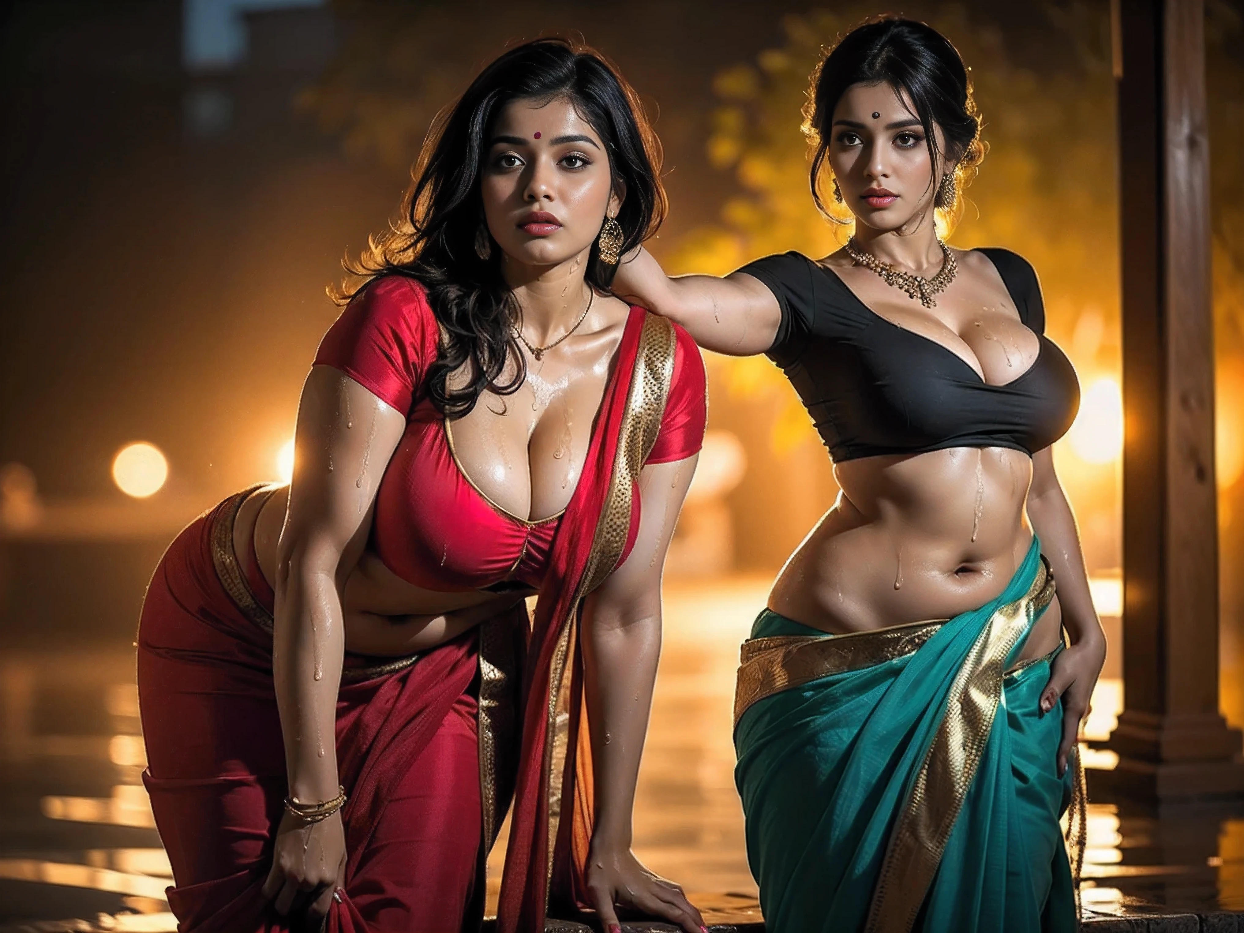 Onoff, Masterpiece, best quality, hyperrealistic full body photograph, ((Indian woman)), ((perfect face)), seductive look, (highly detailed skin), lifelike texture, supple skin pores, (wearing velvet red royal saree:1.2), standing in front of Taj Mahal, dark fantasy_\(setting\), ominous atmosphere, storm clouds above, cold color temperature, dull, (cinematic lighting), shallow depth of field, photographed on a Leica SL (Typ 601) Mirrorless Digital Camera, 35mm F/1.4 cine lens, soft focus, (hyperdetailed, intricately detailed), film-like, HDR, 8k,front facing