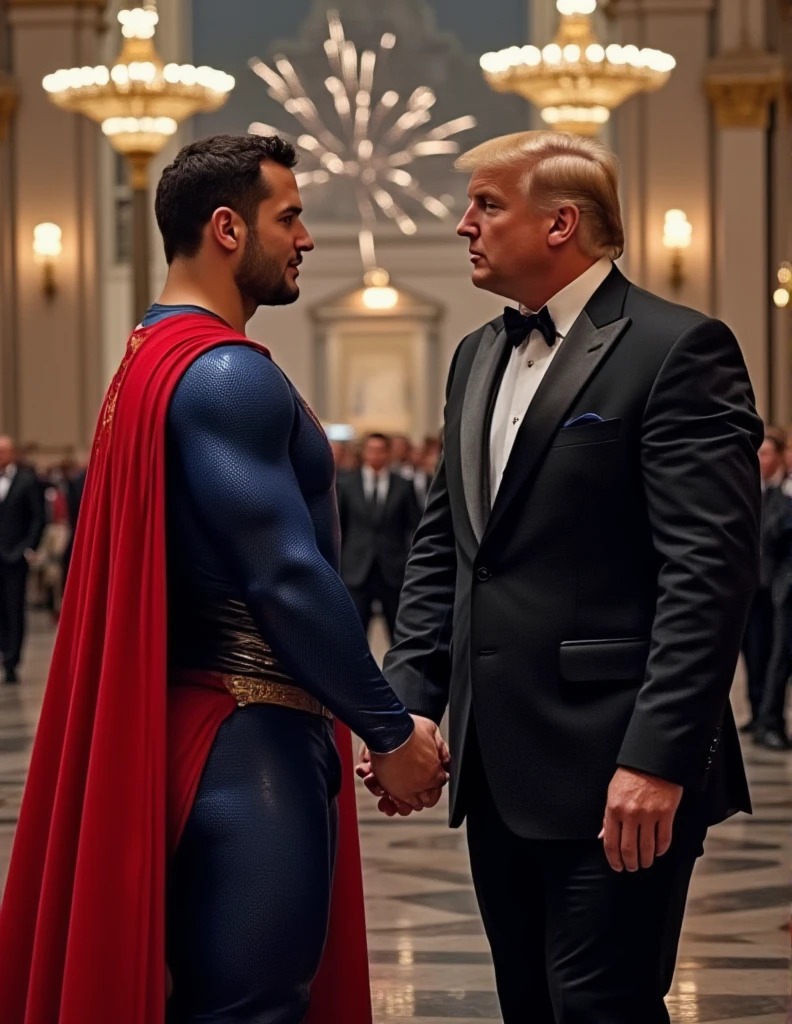 This is the wedding of Superman in St. Peter's Basilica.Trump President of the United States wearing Tuxedo, Superman fly with Trump in a princess way and the two hold hands in hand into the church. Superman look Trump with love.Superman,a 30-year-old Nick Bosa face, attractive, class blue Superman suit with muscle, (black undercut, blue tights and red cape and red boots and red briefs：0.8),16k,UHD, dslr, insane details, award-winning photo,HD.gay
background is St. Peter's Basilica packed with people celebrating Superman’s wedding. Now filled with fireworks to celebrate their wedding.