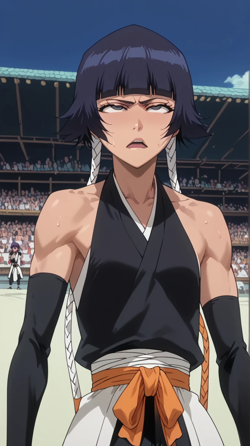 whole body、、     sweated、   、close-up、、、Soi Fon、 、Bleach、Bleach、Black Hair, 1girl, breasts, soifon, japanese clothes, hip vent, detached sleeves, bare shoulders, small breasts, arms up,  seductive eyes,  open mouth, more sweat, sexy body,prefect body, unconscious, sleeply, tired, Rolling eyes, white eyeballs,For the audience, Looking at the audience, tired, (muscle :1.2). . 