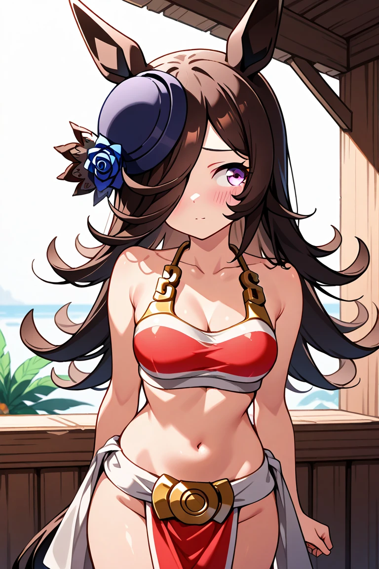 score_9,  score_8_up, score_7_up, score_6_up, 1girl, Chel From The Road To El Dorado, slavekini, pelvic curtain, looking to the side, cleavage, cowboy shot, hen house,rice shower (umamusume), horse ears, solo, animal ears, swimsuit, hair over one eye, horse tail, horse girl, tail, long hair, navel, blush, hat, flower,
