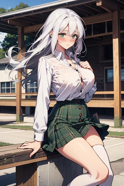  long white hair beauty， white shirt，green plaid skirt ，JK uniform，  white over-the-knee stockings， on the school playground ，Big breasts，Cover the dress blown by the wind with your hands， WHITE PANTIES， blush，shy，The buttons on the shirt unbuttoned to reveal the bra