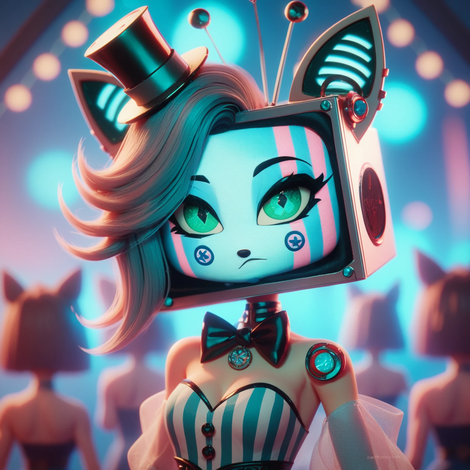 Generate an oc : female, of the amazing digital circus,  inspired on Vox from Hazbin Hotel,  with a television head ,  but with green eyes and screen /skin color cyan blue , Digital Art,  blurry background,  masterpiece ,  best quality ,  full body