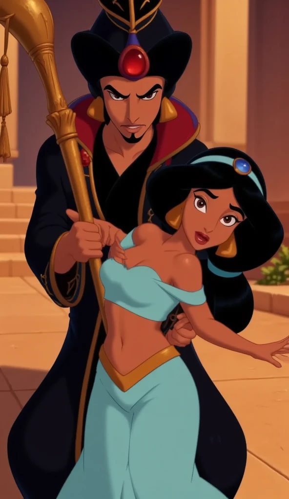 A dramatic and tense scene featuring Jafar grabbing Princess Jasmine's breasts from behind in a sinister manner. Jafar, a tall and menacing sorcerer with a slim, angular build, has a sinister expression with his piercing almond-shaped eyes, arched eyebrows, and a pointed beard. He wears a high black headdress with a red feather and a golden cobra emblem, a long flowing black robe with red accents, and dramatic flared shoulder pads. His golden serpent-shaped staff with glowing red eyes is held in one hand while his other arm firmly grips Jasmine. His expression is one of arrogant triumph.

Princess Jasmine, a regal young woman with long, thick black hair styled in a high ponytail tied with golden bands, is struggling against his hold. She has large almond-shaped brown eyes filled with defiance and anger. She is dressed in an elegant turquoise off-the-shoulder crop top adorned with gold trim, matching harem pants, and a flowing, sheer turquoise scarf. Her accessories include golden hoop earrings, a statement necklace with an ornate gemstone, and a delicate golden tiara with a teal jewel. Her body language shows resistance as she attempts to pull away from Jafar’s grasp.

The setting is a dimly lit palace chamber with flickering torchlight casting dramatic shadows on the walls, enhancing the tension of the scene. The atmosphere is filled with a sense of danger and defiance as Jasmine refuses to be subdued by the villain.