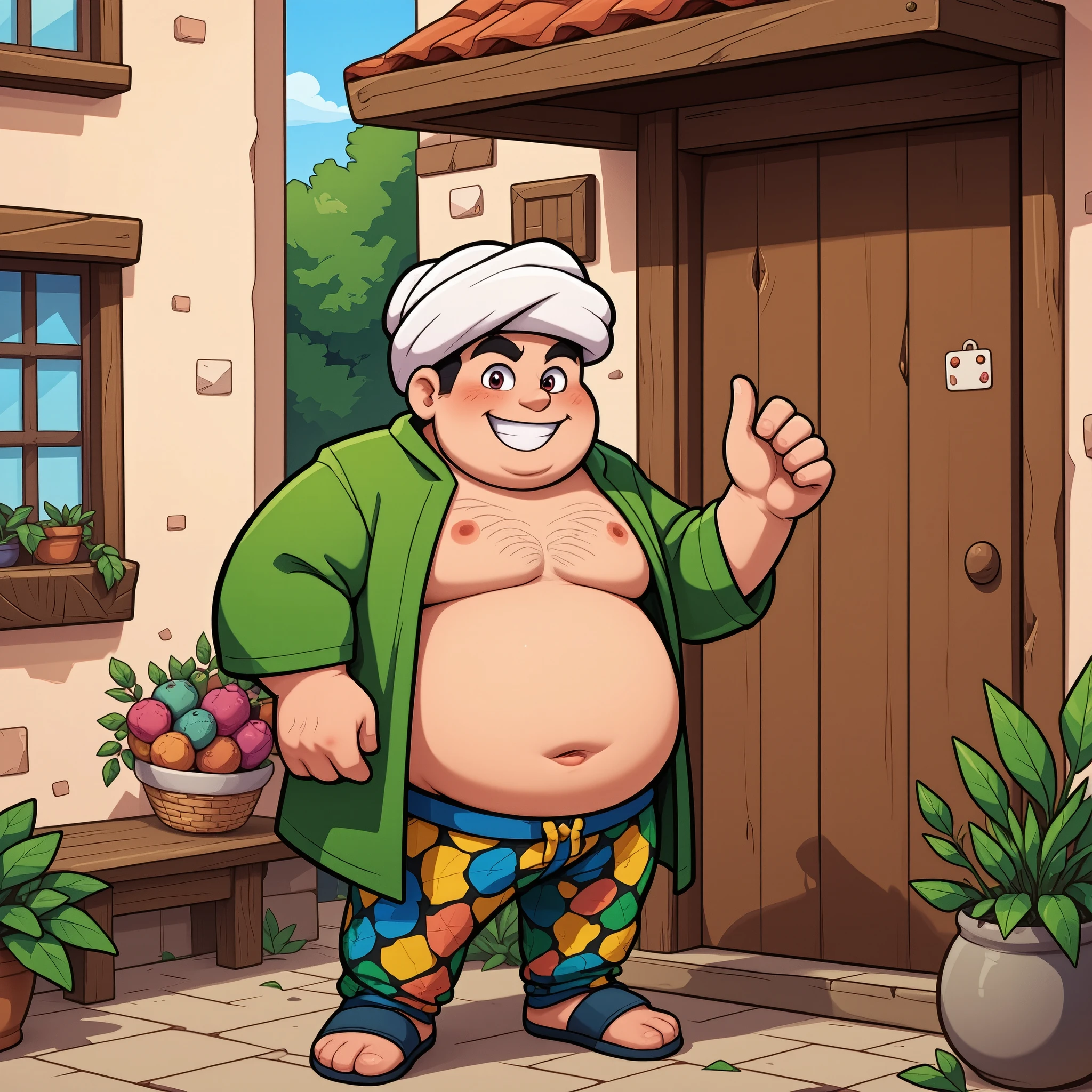 Introduce a cartoon character who looks like a friendly, chubby merchant in a green robe, white turban and colourful trousers, knocking on the door with his left hand
