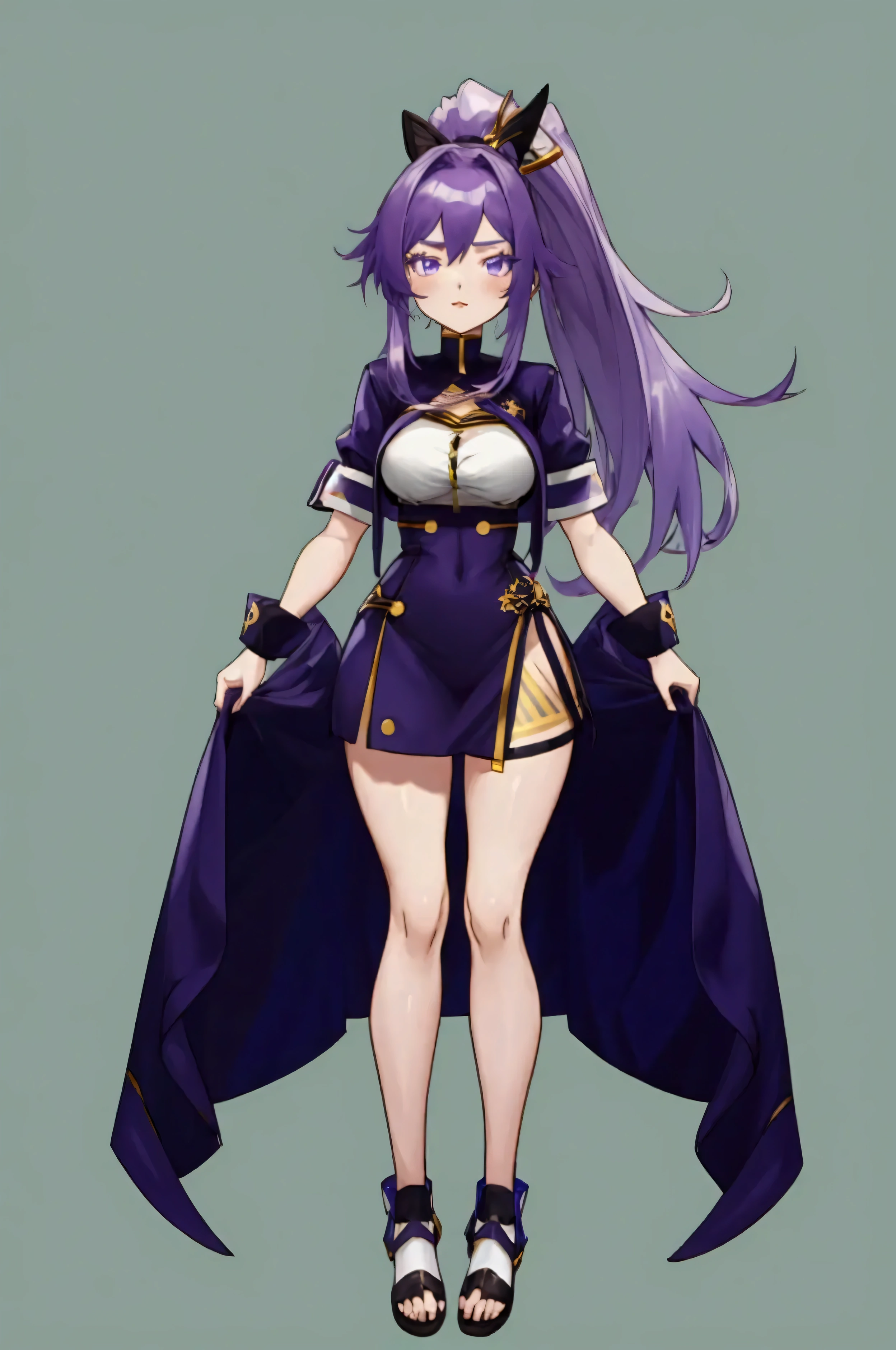 (full body), ((simple blue chroma background)), 22-year-old ponytail hair (straight hair), purple eyes, purple hair, anime-long style 2000, short dress tight with golden detailing, breasts bigger than her head, flirty look, lipstick, 4k, hd, self-definition, good image quality and lined, (vtuber-fullbody),