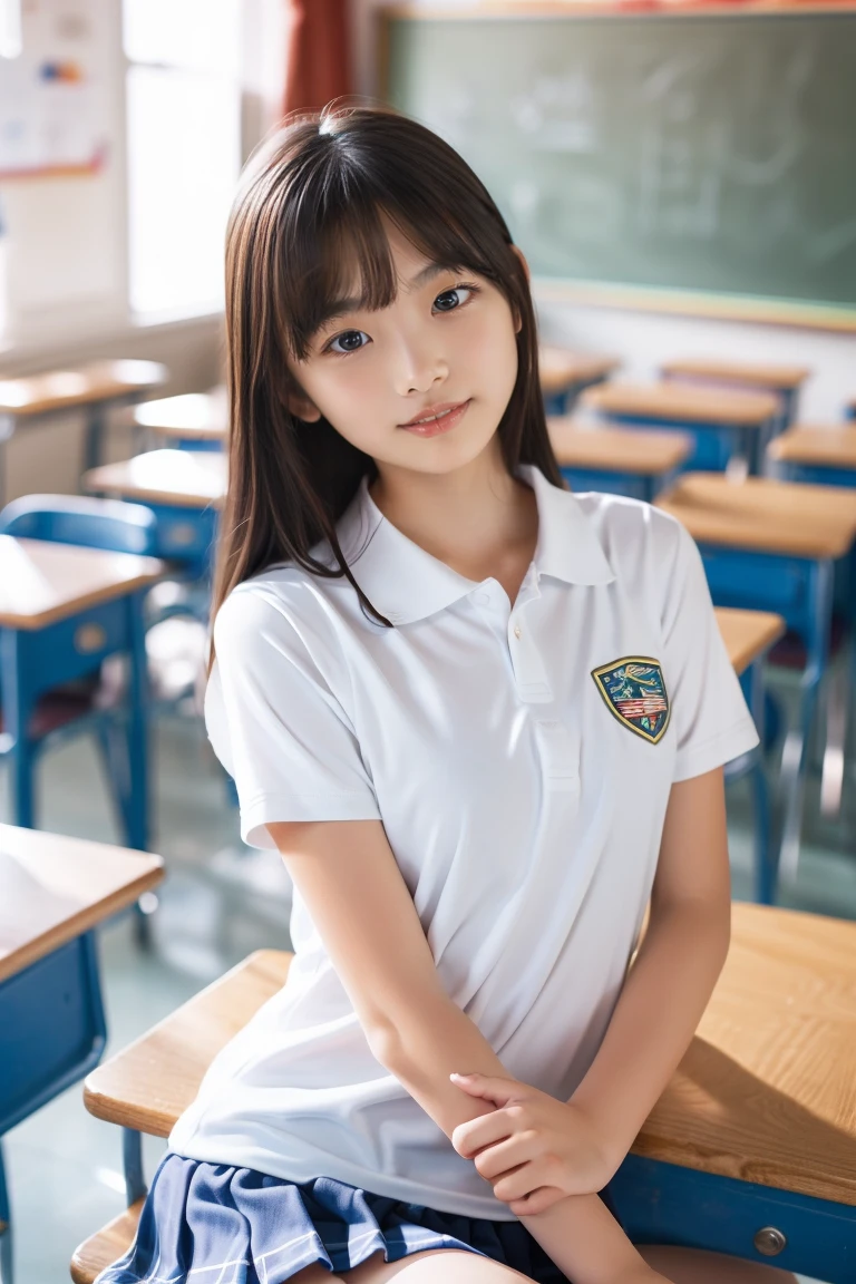 A Japanese junior high school girl writing a book,14 years old,Japanese Girls,White tight T-shirt,Breast flash,skirt,Big breasts:1.5,Black Hair,Long Hair,Soft lips,Fine skin,(Glowing Skin),(masterpiece:1.4),(highest quality:1.4),Bedroom,Looking at the camera,Close-up,There is a book and a pen on the desk,Bird's Eye View,