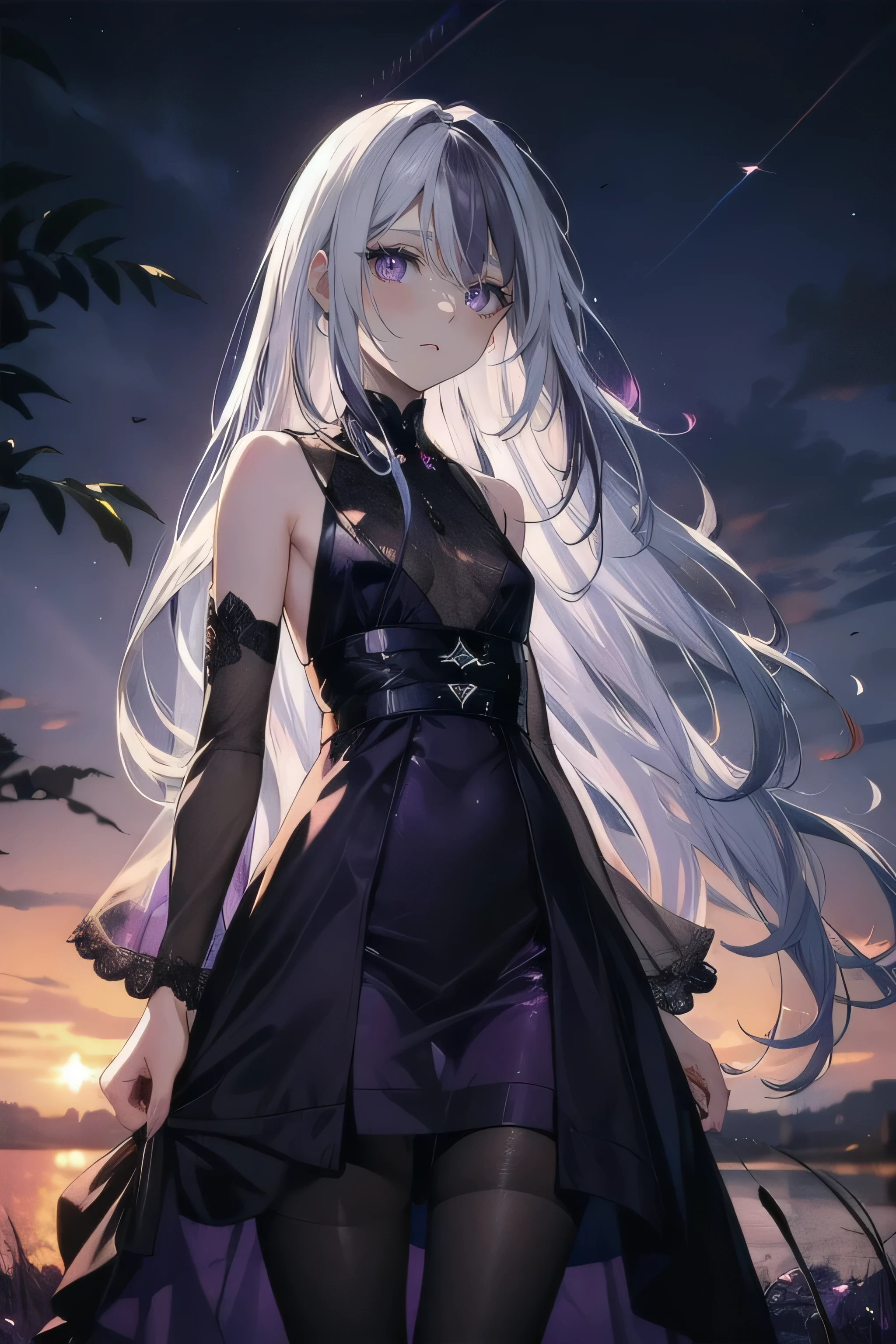 (masterpiece), (best quality), ultra detailed, finely detailed color, cenematic painting, bishoujo, ((one lady)), teenager, cute face, ((white hair)), absurdly long hair, straight hair, ((dark violet eyes:1.5)), (evening dress), black dress, sleeveless, ((sunset)), ((looking up the sky)), ((sky background)), standing, faint smile, outdoor, reed field, slender body, small chest, see-through outfit