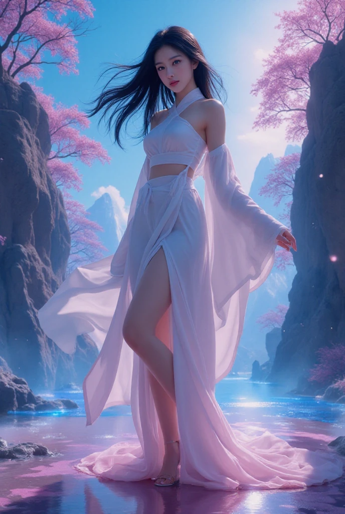 1girl in Saree and Blouse, (full body) solo, flower field, blossom, (white smokes:1.3) (photorealistic:1.4), official art, unity 8k wallpaper, ultra-detailed, beautiful and aesthetic, masterpiece, best quality, (dynamic angle:1.4), glowing skin, (floating colorful sparkles:1) the most beautiful form of chaos, elegant, a brutalist designed, vivid colors, romanticism depth of field,