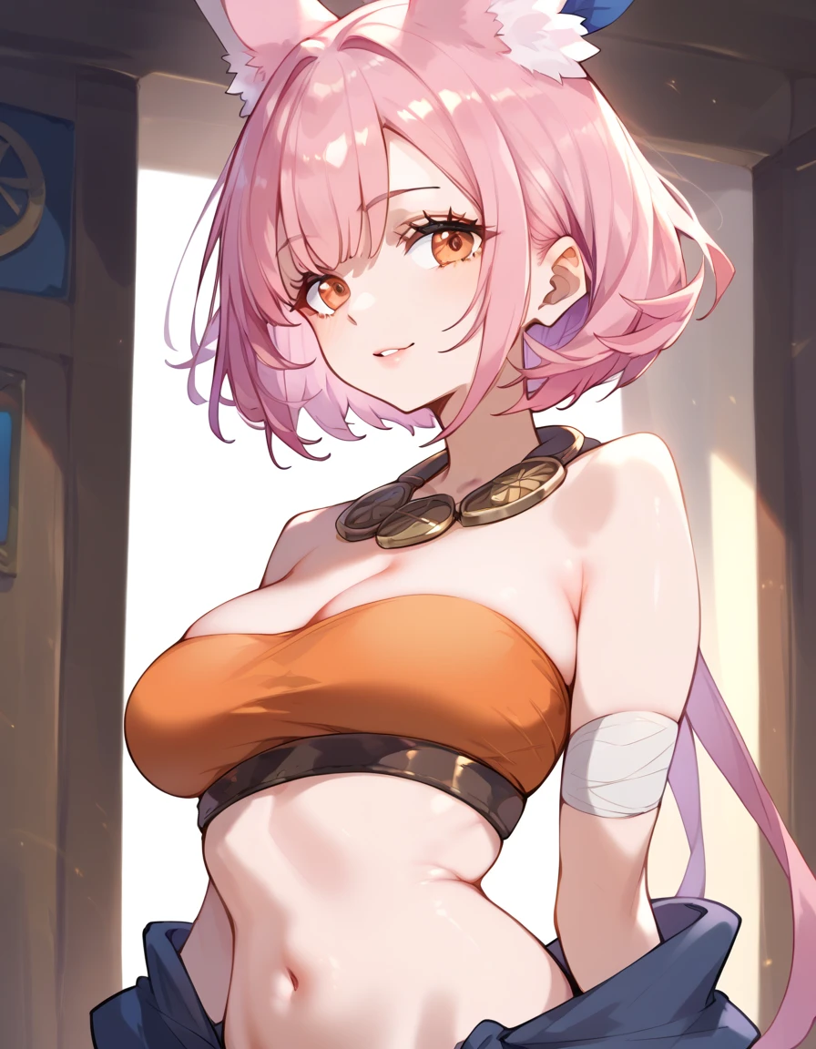 Top Quality Masterpiece High Resolution Tribe Brigate Kit Pink Hair Orange Eyes Cropped Tops Work Clothes Big Breasts