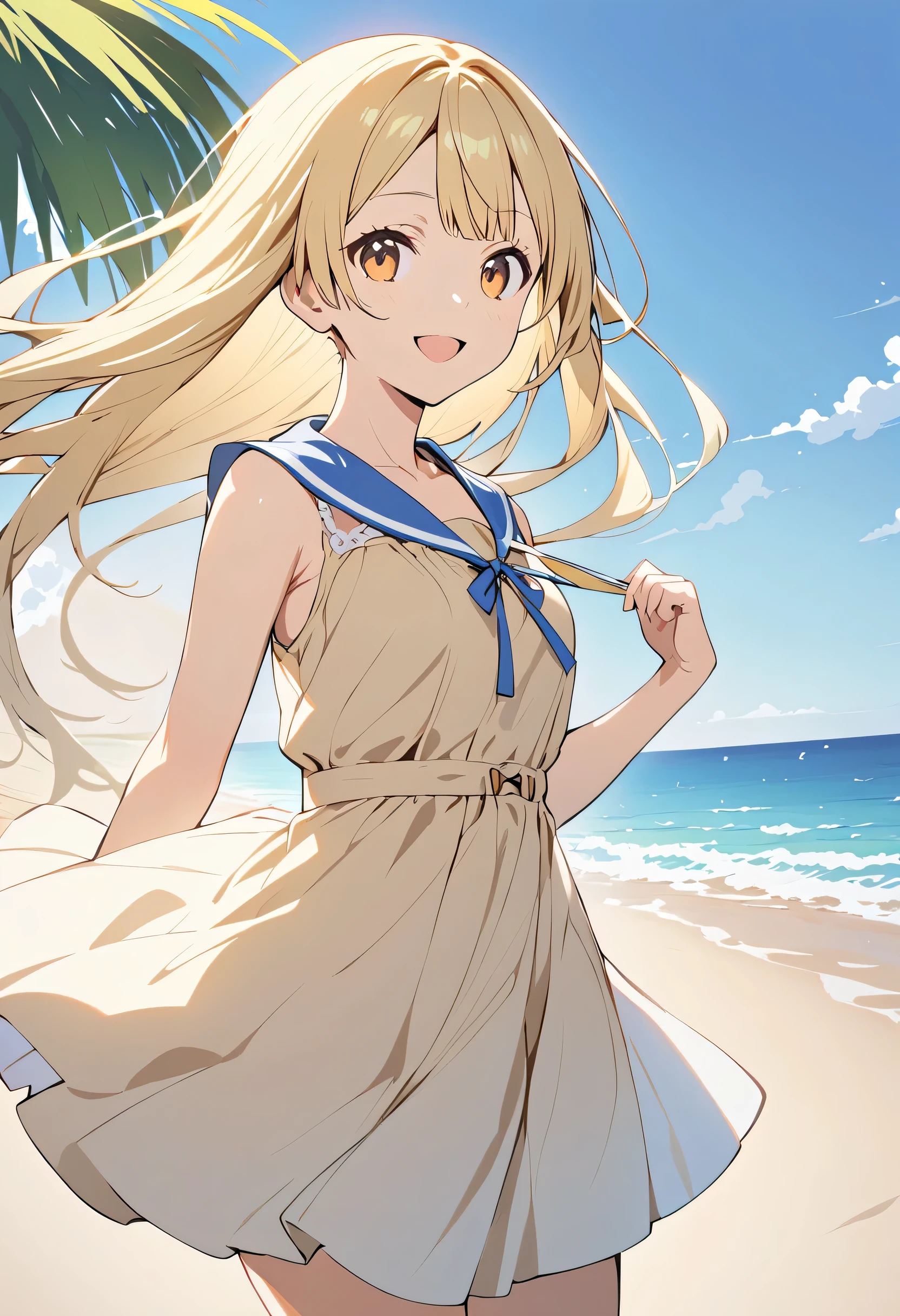 girl in a blond dress、 Beach 、smile