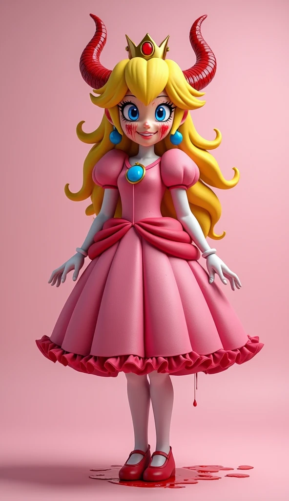 Full body image from head to feet with her feet visible of realistic adult female Princess Peach with yellow hair, with big red devil like horns covered in blood, wearing her classic pink dress, blood dripping from her eyes and her face covered in blood, smiling looking at the camera, background is light pink neutral, realistic image, ultrarealistic face details, realistic character