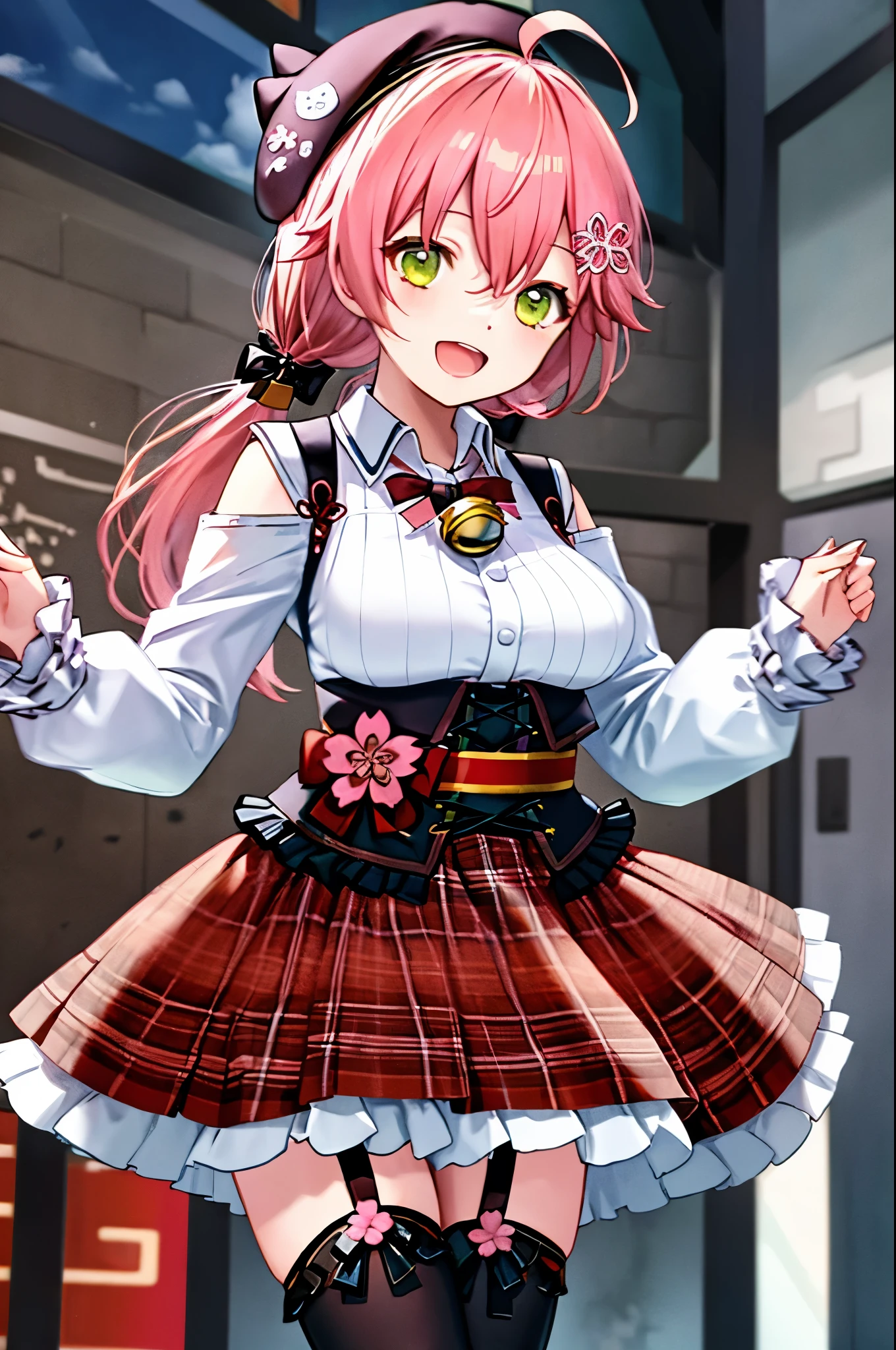 masutepiece, Best Quality, hight resolution, miko2,Ponytail, 1girl in, Green eyes, Ahoge, black headwear, Hair Ornament, White shirt, black thighhighs, Pink hair, Red skirt, plaid skirts, garter strap, Collared shirt, hair clips, frilld, Bangs, hair between eye, frills skirt, beret, Pleated skirt, Hair Flower, Neck bell, medium breasts, puffy long sleeves, Black bow, Underbust, Cowboy Shot,Smile