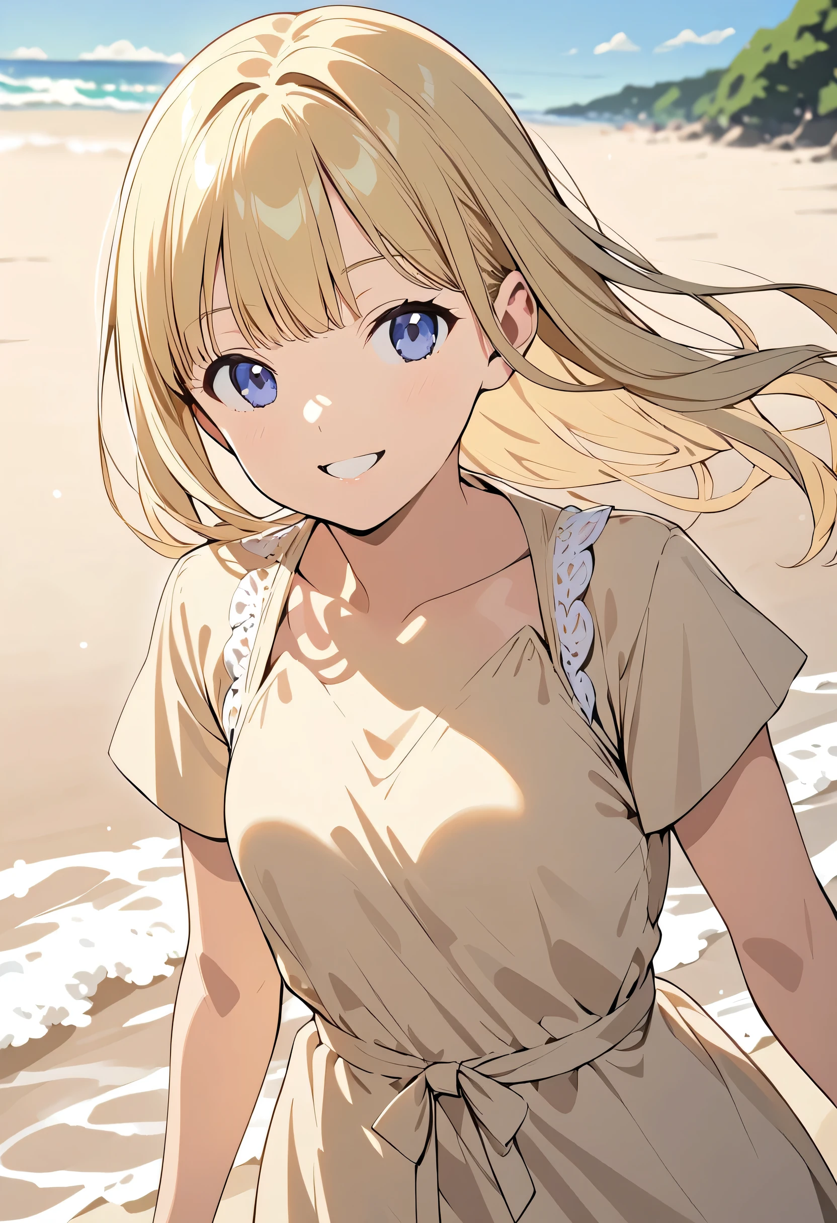 girl in a blond dress、 Beach 、smile