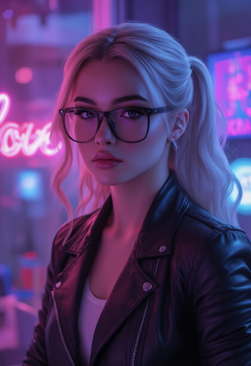 The girl Beautiful and Sexy , is wearing a fashionable leather jacket and a white shirt , Beautiful Curvy blonde hair with short hair , Blackened , Small earrings , neon light, cyberpunk style , A small blue pigtail is beautifully braided in her hair, text "Love" neon glasses on the sign you can clearly see , masterpiece fails, 8 k, better quality , complex , bright colors, Maximum Details , maximum quality,
