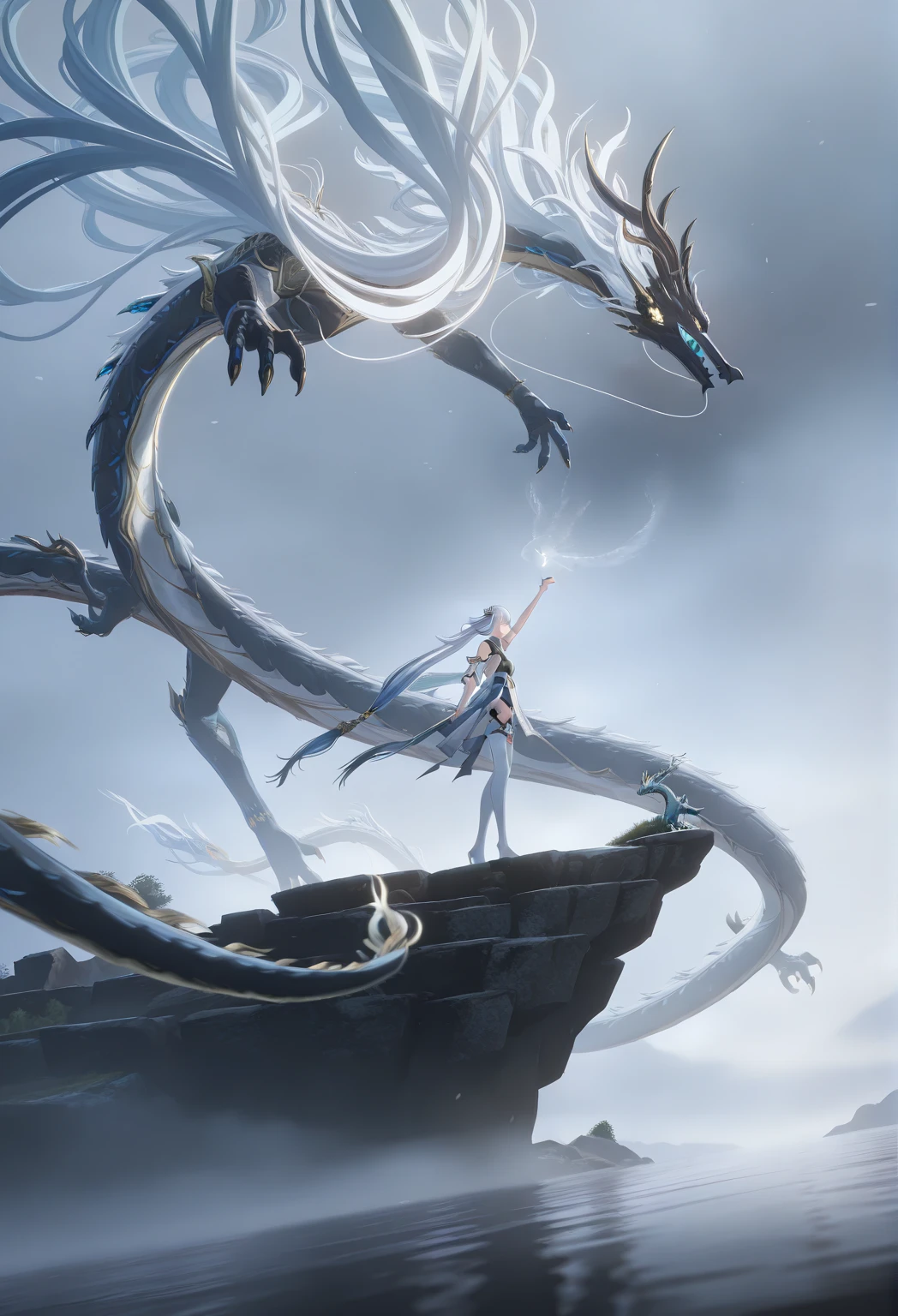 masterpiece,best quality,amazing quality,very aesthetic,absurdres,newest,scenery,
jinxsi, jue \(wuthering waves\), dragon, 1girl, echo2 dress, white hair, thigh boots, very long hair, twintails, standing, tail, outdoors, long shot, from side, arm up, floating hair, outstretched arm,  reaching, dutch angle,  cinematic shot, epic fantasy scene, misty atmosphere, surreal lighting,
