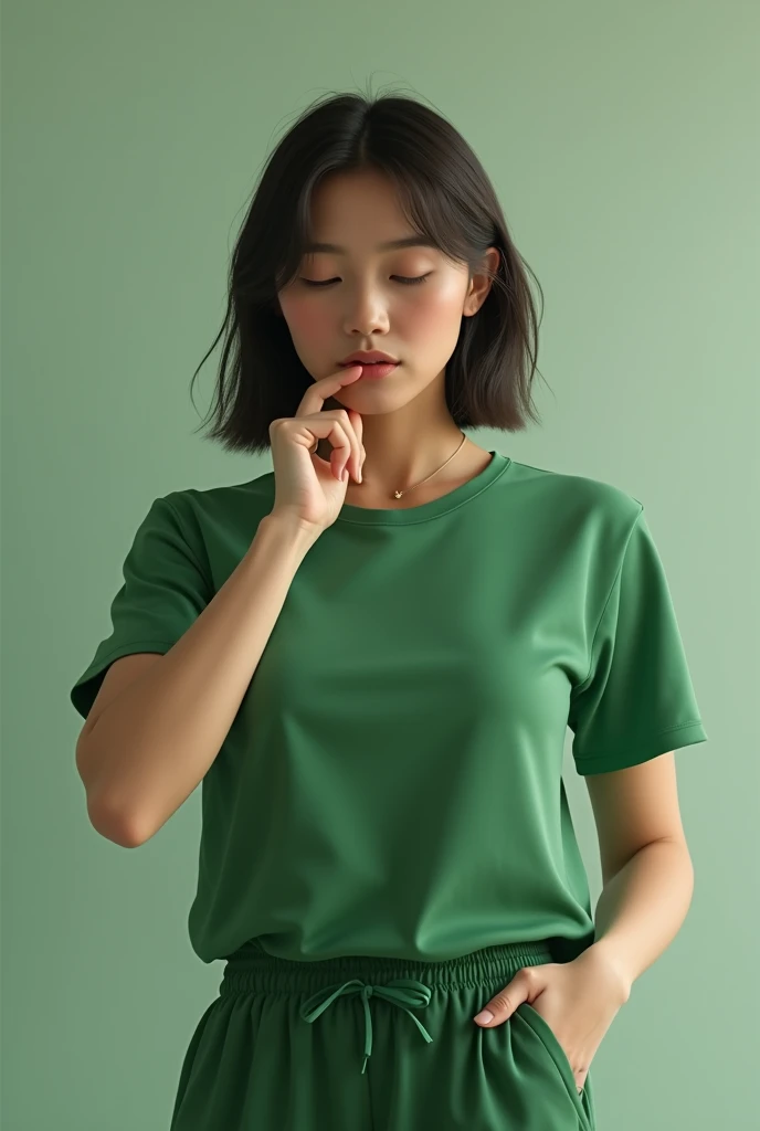21yo girl, short hair, green background