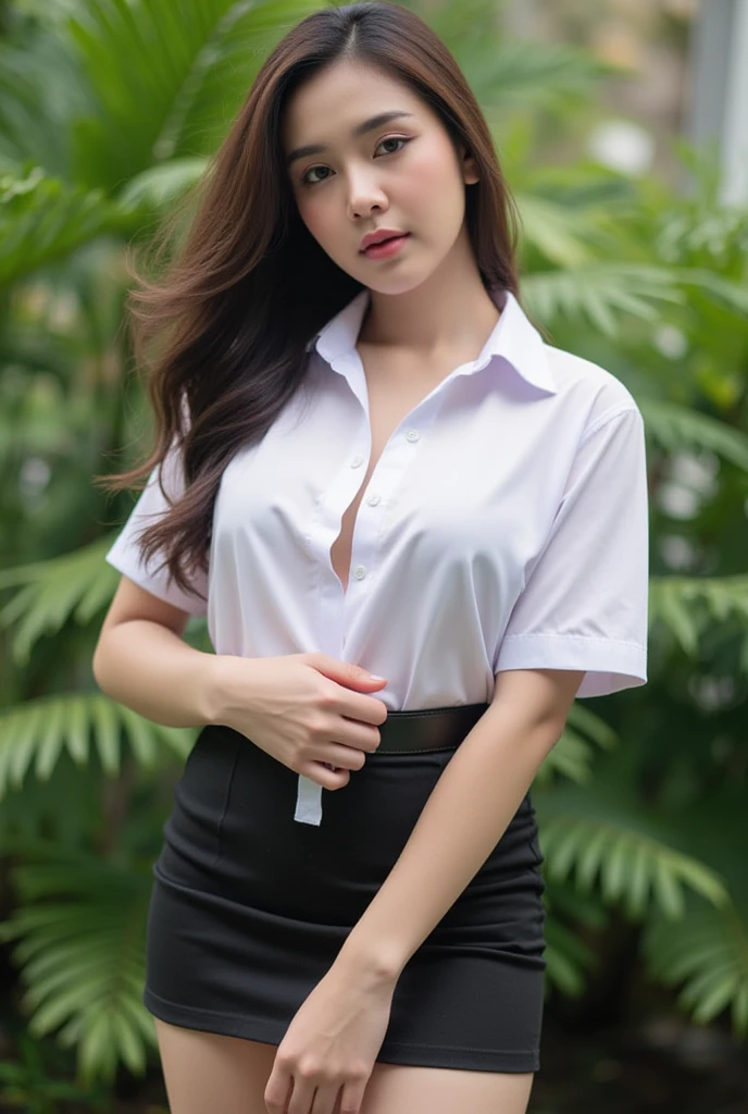 Thai women long hair,random seductively post,white collared shirt short sleeves ,belt,short black pencil skirt,big boobs,trained body, photoshoot in garden,boobs slip,big tits, she showed her boobs, sexy seductively eyes contact ,random post, sexy exotic post