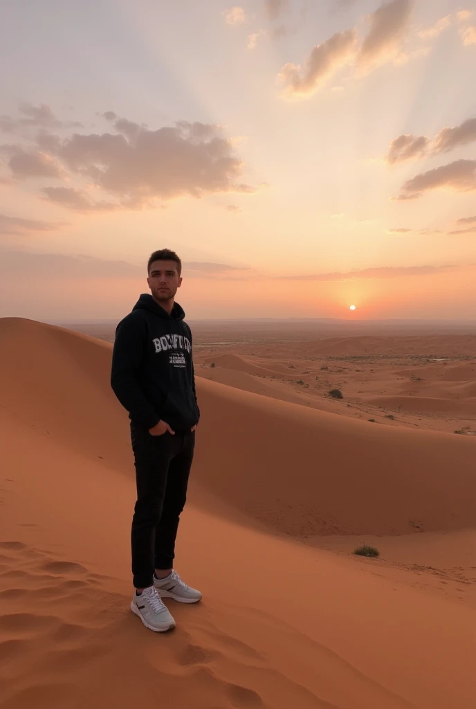 A young individual, dressed in a relaxed urban style—a sweatshirt emblazoned with 'Boston' and sleek sneakers—explores a desert landscape at twilight. The sandy ridge they stand on curves elegantly through the scene, catching the warm, amber light of the setting sun. The sky is a breathtaking gradient of peach, coral, and violet tones, with scattered clouds reflecting the fading sunlight. The contrast between their modern attire and the timeless desert setting evokes themes of adventure and self-discovery, as the person looks outward with quiet confidence amidst the boundless, natural beauty. (masterpiece), (best quality), (ultra-detailed)

