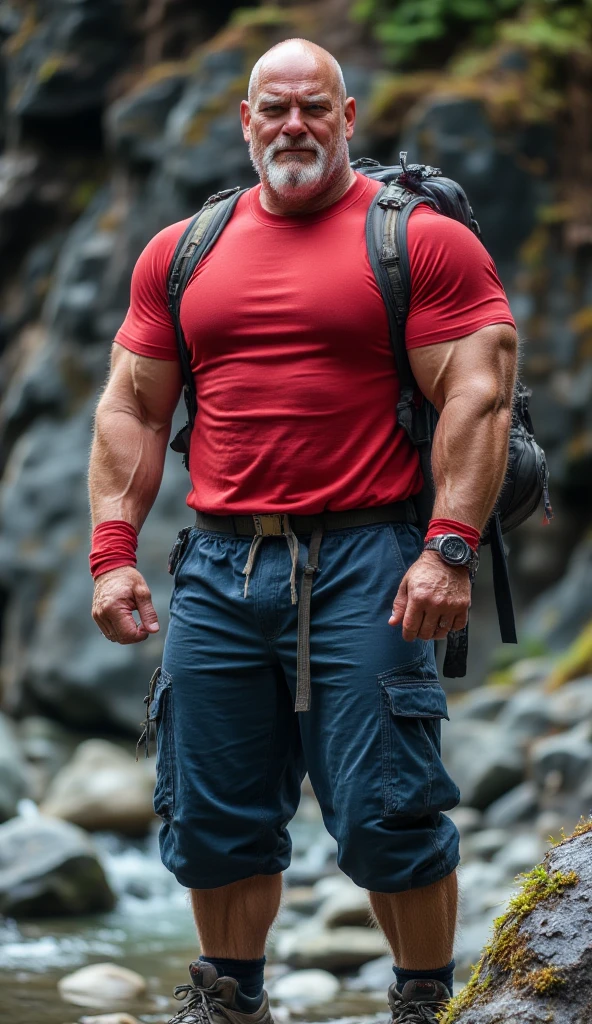 A full-body realistic photograph of an old, rugged, hypermasculine, bald, clean shaved, strong, professional bodybuilder, round face, round head, long-term steroid abuser, with enormous bulging defined muscles, shoulders, biceps, chest and quads, no body fat, dressed in outdoor gear suitable for hiking or trekking. He is wearing a tight red long-sleeve shirt, blue pants, and sturdy hiking boots. The background shows rocky terrain. This attire and setting align with someone who might engage in strenuous physical activities, possibly reflecting a strong, active lifestyle and testosterone abuse