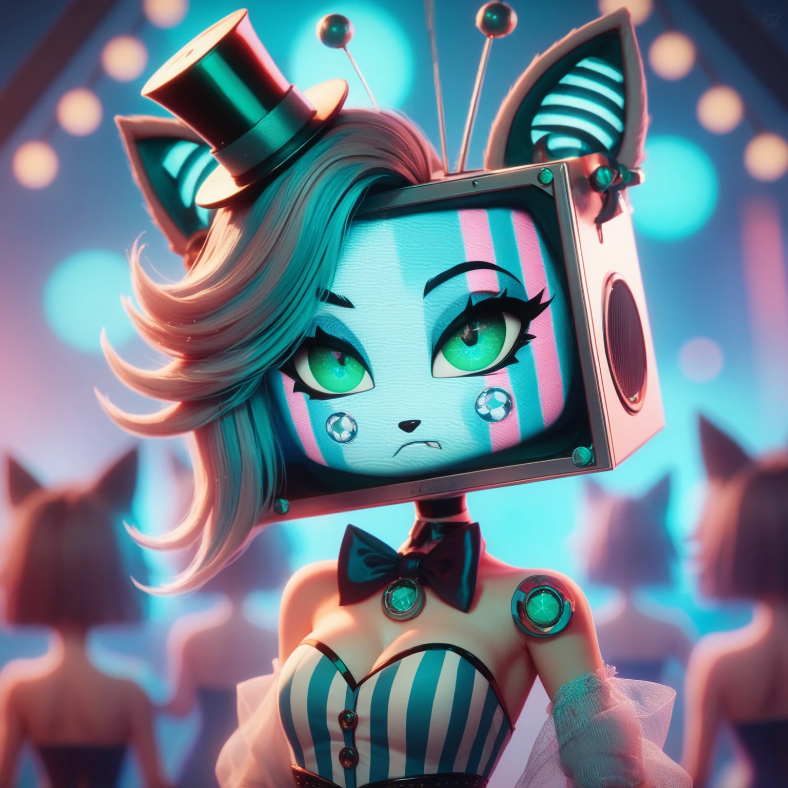 Generate an oc : female, of the amazing digital circus,  inspired on Vox from Hazbin Hotel,  with a static television head with cat ears ,  with a button on her chest, blue blush on her cheeks, but with green eyes and screen /skin color cyan blue , Digital Art,  blurry background,  masterpiece ,  best quality ,  full body