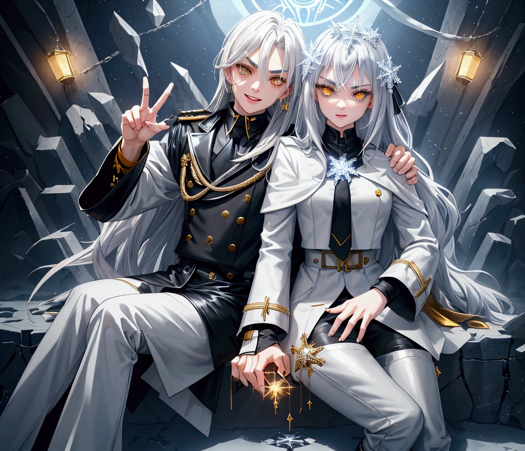 Both twins sitting with long white hair, one a son of the moon and the other a son of the sun
