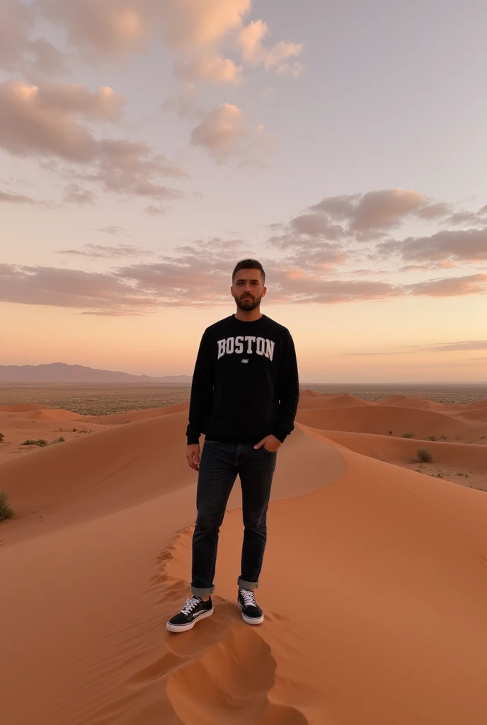 A young man has a light skin tone, a neatly trimmed beard and mustache, with short, dark hair styled short on the sides and longer on top, dressed in a relaxed urban style—a sweatshirt emblazoned with 'Boston' and sleek sneakers—explores a desert landscape at twilight. The sandy ridge they stand on curves elegantly through the scene, catching the warm, amber light of the setting sun. The sky is a breathtaking gradient of peach, coral, and violet tones, with scattered clouds reflecting the fading sunlight. The contrast between their modern attire and the timeless desert setting evokes themes of adventure and self-discovery, as the person looks outward with quiet confidence amidst the boundless, natural beauty. (masterpiece), (best quality), (ultra-detailed)