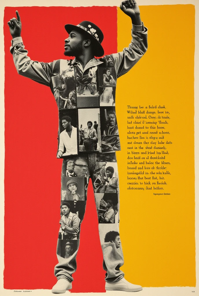  collage lots of black and white photos of a man doing dance tricks on a simple red and yellow background,Detailed photo of the album cover  , 70s posters ,  1900s poster , Afropsychedelia,  Funkadelic, 1 9 7 0 Crop Collage,  Cut out collage  , 