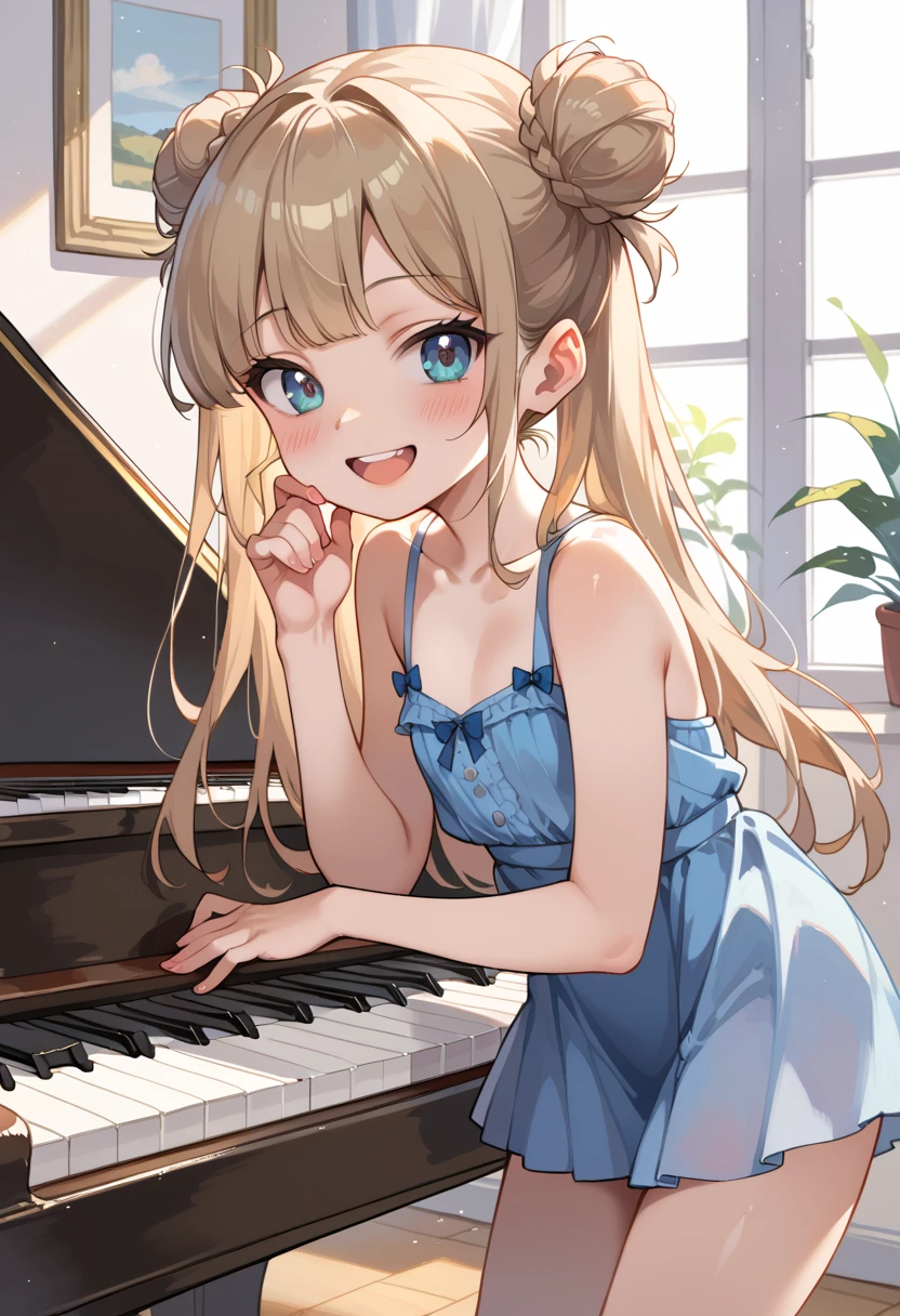 (( top quality )), ((masterpiece)), (be familiar with),  perfect face, indoor, bedroom,  watching viewers ,
One woman, I was,
 open mouth,  ecstatic expression beside the piano, blush, smile,
 small tits,  flat chest, Young girl, Lori,  s,  girl,
 long hair,  twin bun hair ,
Leg spread,