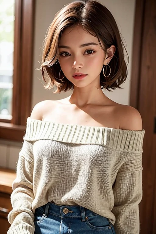 ((best qualityer)), ((work of art)), (detailded), 1 girl, shoulder to shoulder sweater,