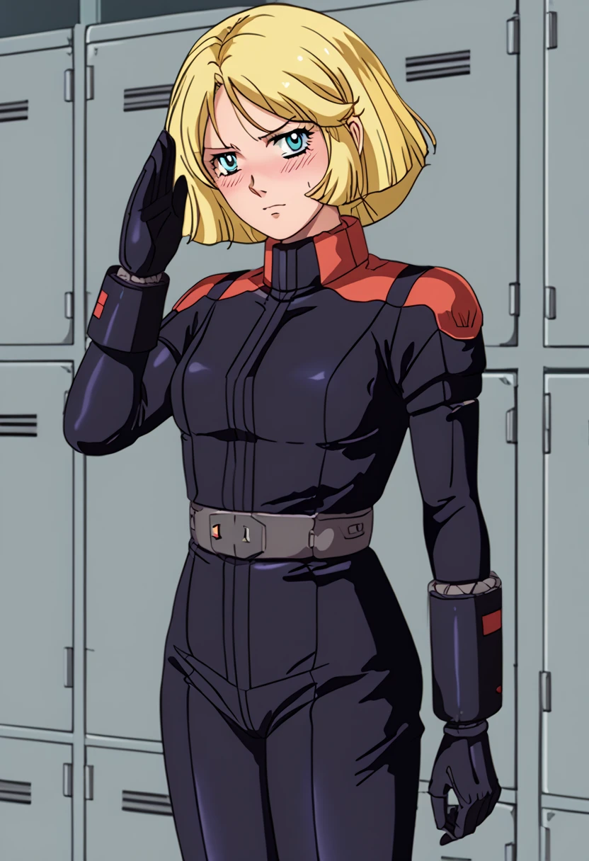 Z Gundam pilot suit, ( black pilot suit for piloting a machine:1.5) 、,score_9、 score_8_ up、 score_7_ up、 Destroys Top Quality 、 Refined details 、  Source Anime  、  One girl 、、(Sayla \district\)、Blonde、、locker room,salute、serious、blush