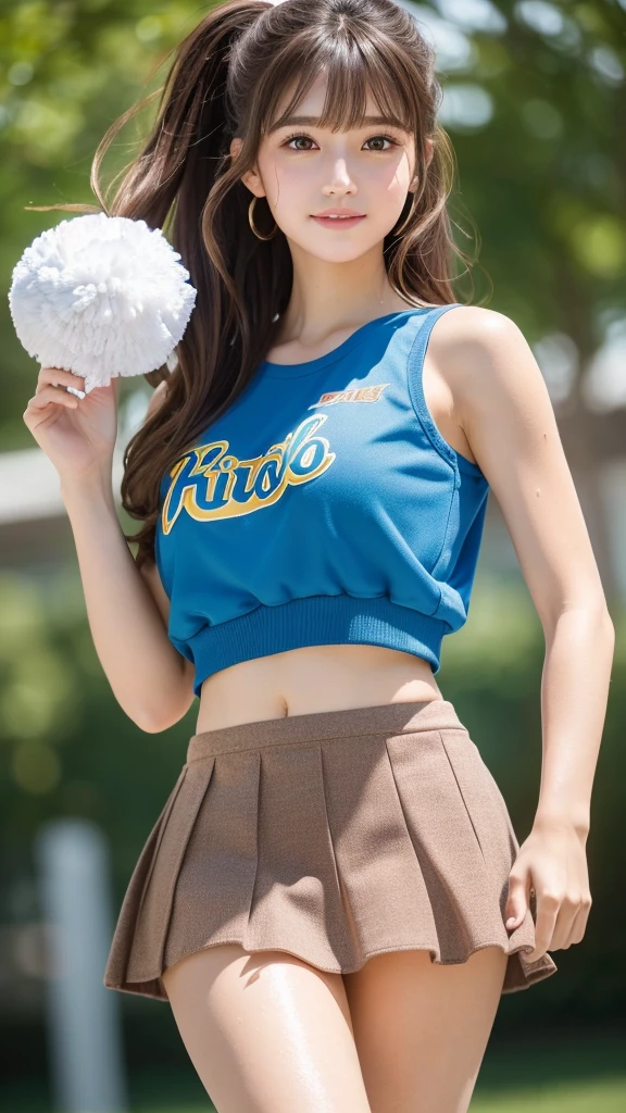 Realistic、Masseter region、Highest quality、High resolution、RAW Photos、Realistic、Bright lighting、Face Light、Smooth Professional Lighting、Japanese women、Beautiful woman、Modeled、gravure、sexy、so beautiful、Realisticで美しい肌、Beautiful and exquisite、slim、Large Breasts、Cleavage、short hair、Brunette colored hair、Brown eyes、Looking into the camera、Cheerleader、Cheerleader、Cheerleader、smile、whole body、The skirt is flipped up