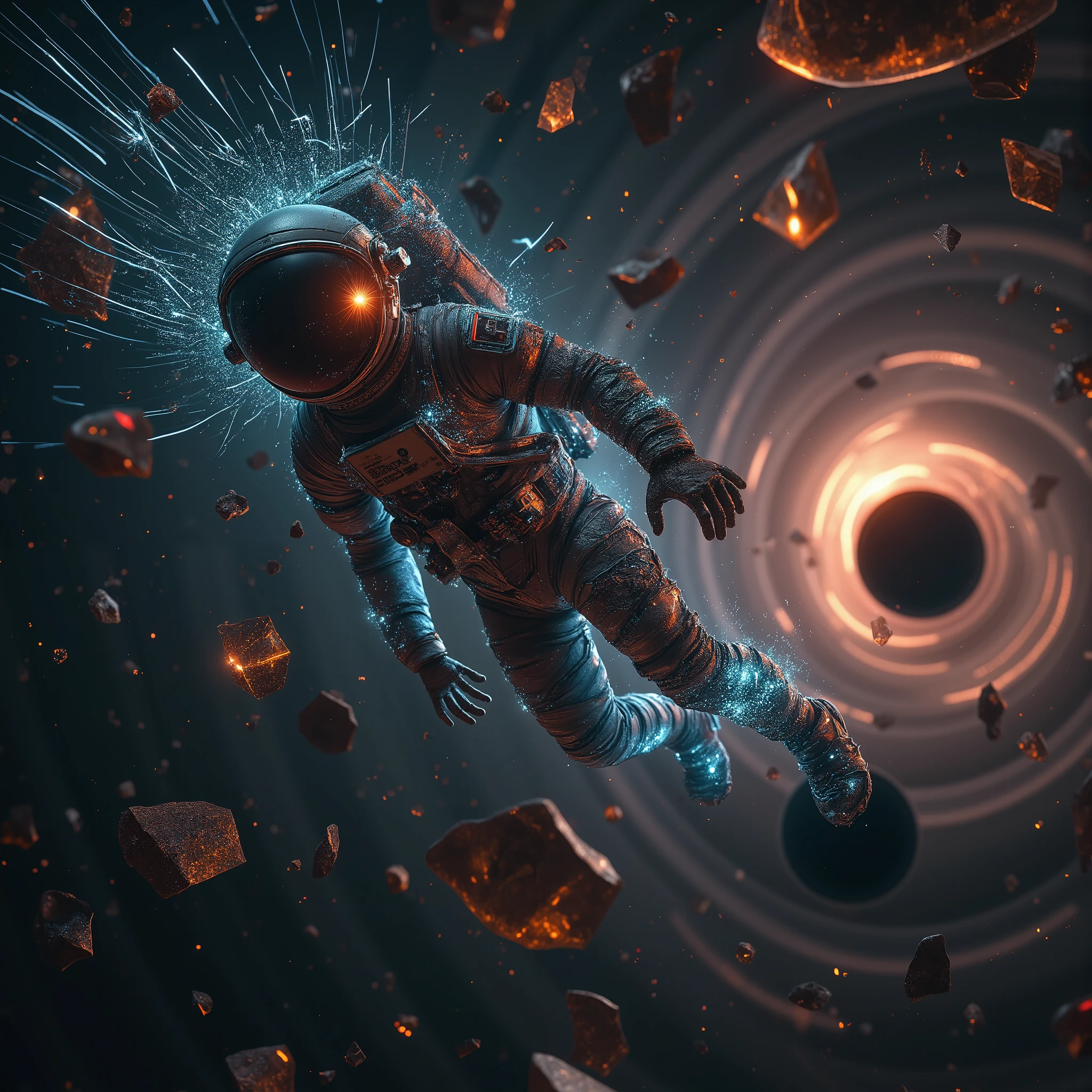 A surreal and emotional scene of an astronaut in freefall through a vast, multi-dimensional space. The astronaut’s worn spacesuit has cracks emitting glowing light and crystal shards. Surrounding them are shifting geometric patterns, spiraling beams of light, and dreamlike floating shapes, evoking a sense of impermanence and collapse.

In the background, a massive black void resembling a black hole radiates soft light, with thin glowing lines rapidly descending to emphasize extreme velocity. Floating fragments of broken technology, neon holographic symbols, and crystalline debris add a futuristic and spiritual atmosphere.

The color palette is dark and moody—deep black, metallic gray, and neon blue—contrasted with bursts of fiery orange and red. The scene conveys existential awe and the beauty of a decaying dream, inspired by 'Interstellar’s' five-dimensional space and sci-fi surrealism