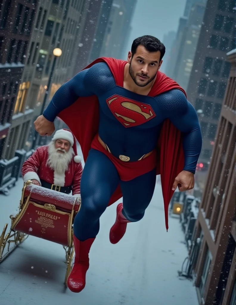 superman flying next to santa claus and push sleigh over snowing new york city at night. a buff man in a superman costume (think movie version of Superman-black undercut, blue tights and red cape and red boots and red briefs)