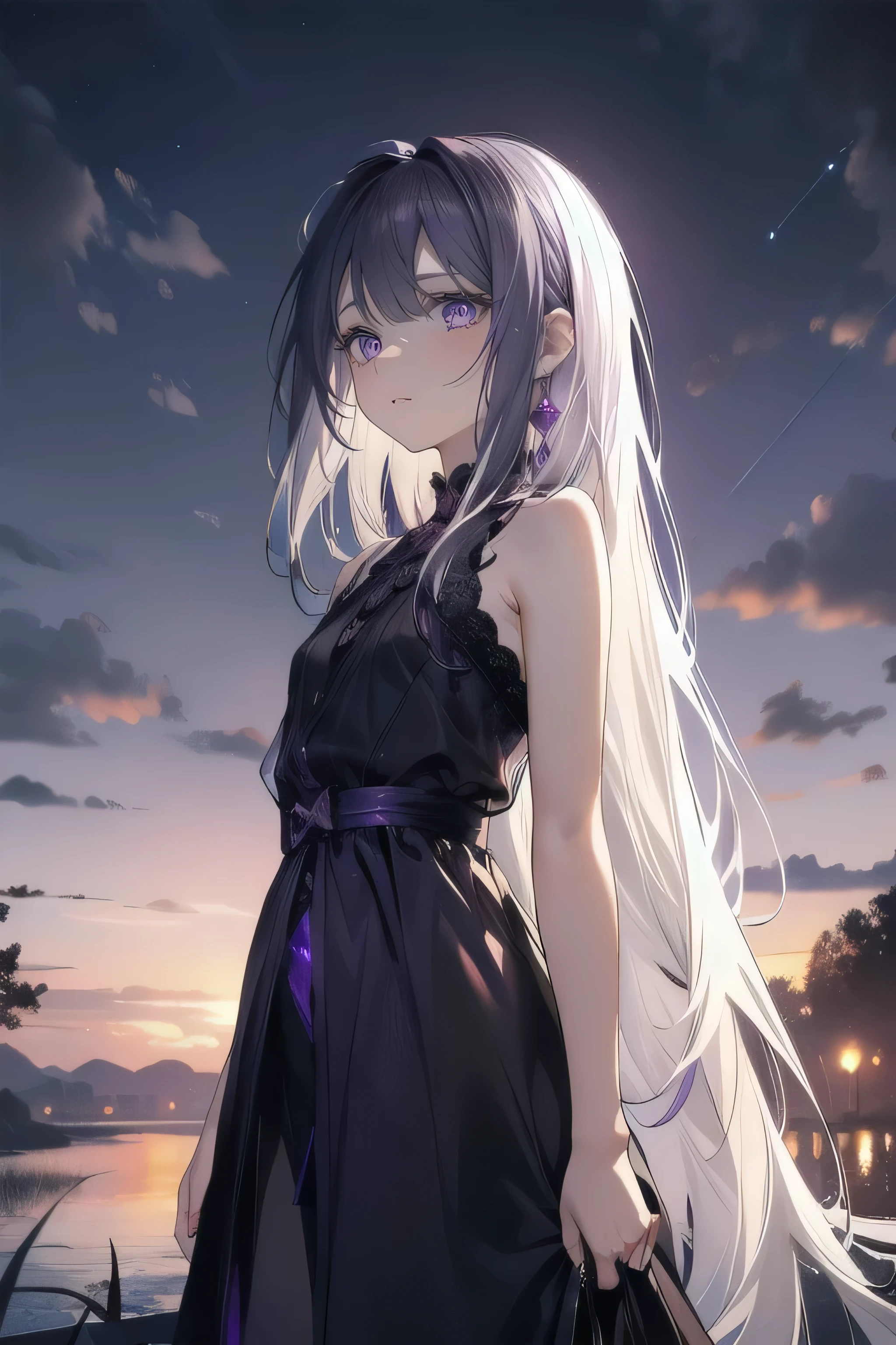 (masterpiece), (best quality), ultra detailed, finely detailed color, cenematic painting, bishoujo, ((one lady)), ager, cute face, ((white hair)), absurdly long hair, straight hair, ((dark violet eyes:1.5)), (evening dress), black dress, sleeveless, ((sunset)), ((looking up the sky)), ((sky background)), standing, faint smile, outdoor, reed field, slender body, small chest, see-through outfit