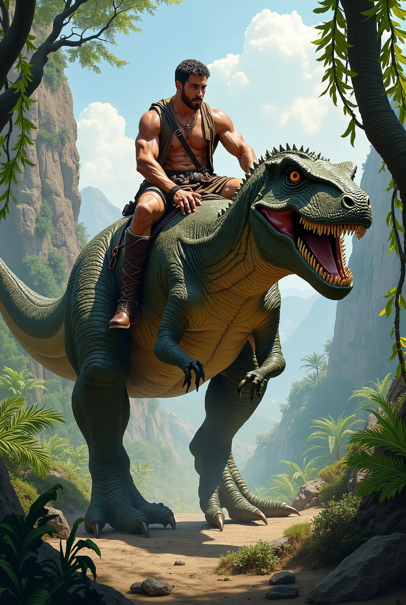 In a subtropical, low fantasy setting, a bare-chested warrior prepares to hurl his spear at a roaring dinosaur.