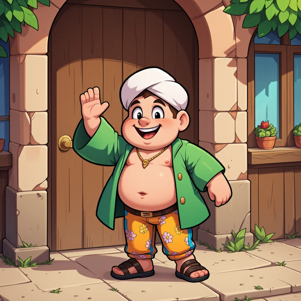 Introduce a cartoon character who looks like a friendly, chubby merchant in a green robe, white turban and colourful trousers, knocking on the door with his left hand
